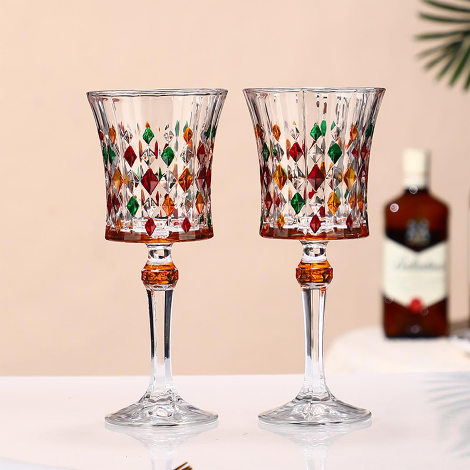 Set decanter per vino girevole con base in metallo e due calici da vino a stelo colorato modello di diamante cristalleria per casa bar pranzo e regalo scopo