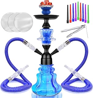 14" Premium 2-Hose Hookah Set - Complete Portable Kit with Case, 20 Tips & 50 Foils | for Home Use (A-Blue)