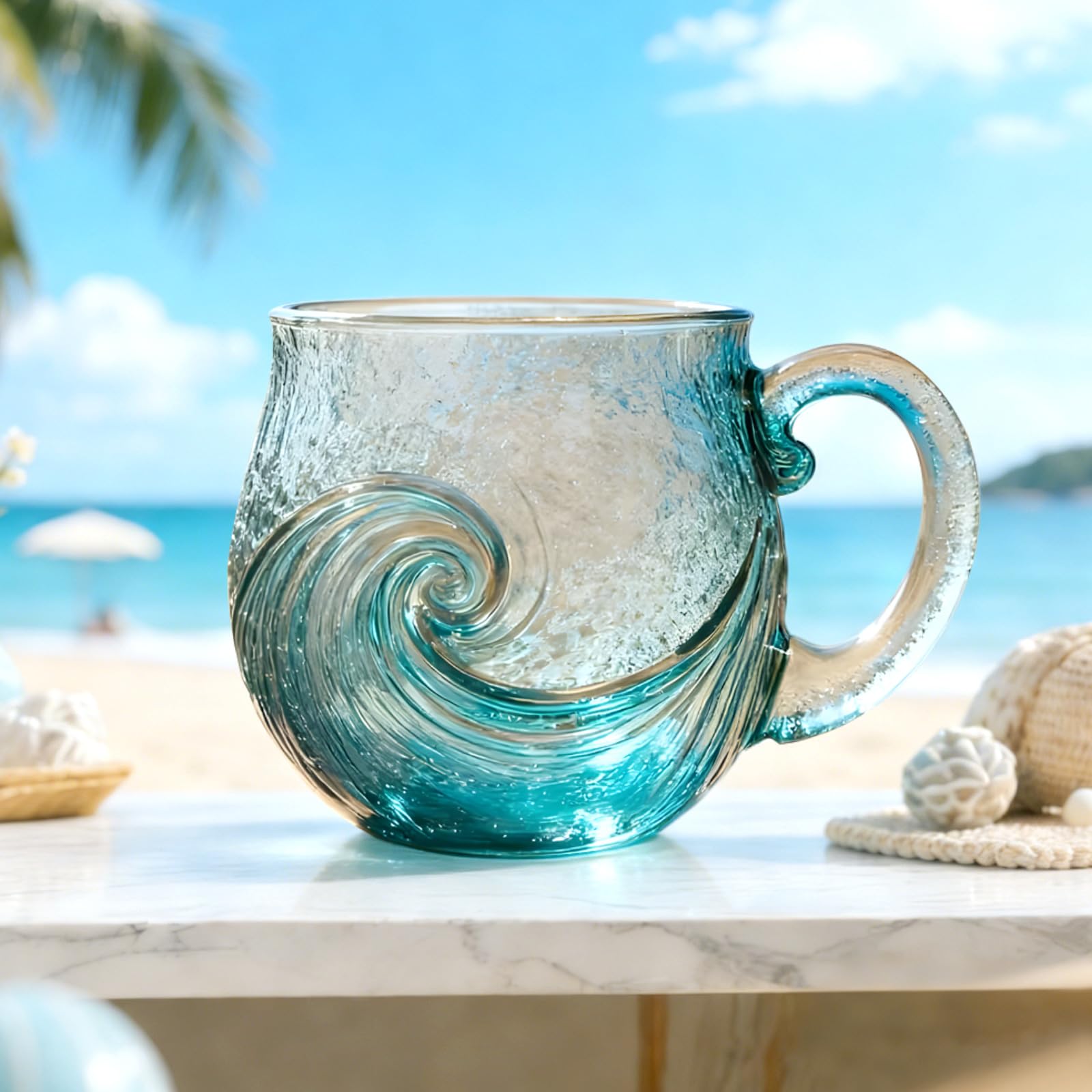 CelestiMingle Sea Glass Wave Mug 12oz, Handblown Ocean Wave Glass Coffee Cup with Handle, Artistic Frosted Beach Theme Drinkware for Coffee, Tea, Wine, Unique Gift for Ocean & Beach Lovers (B) — image 1
