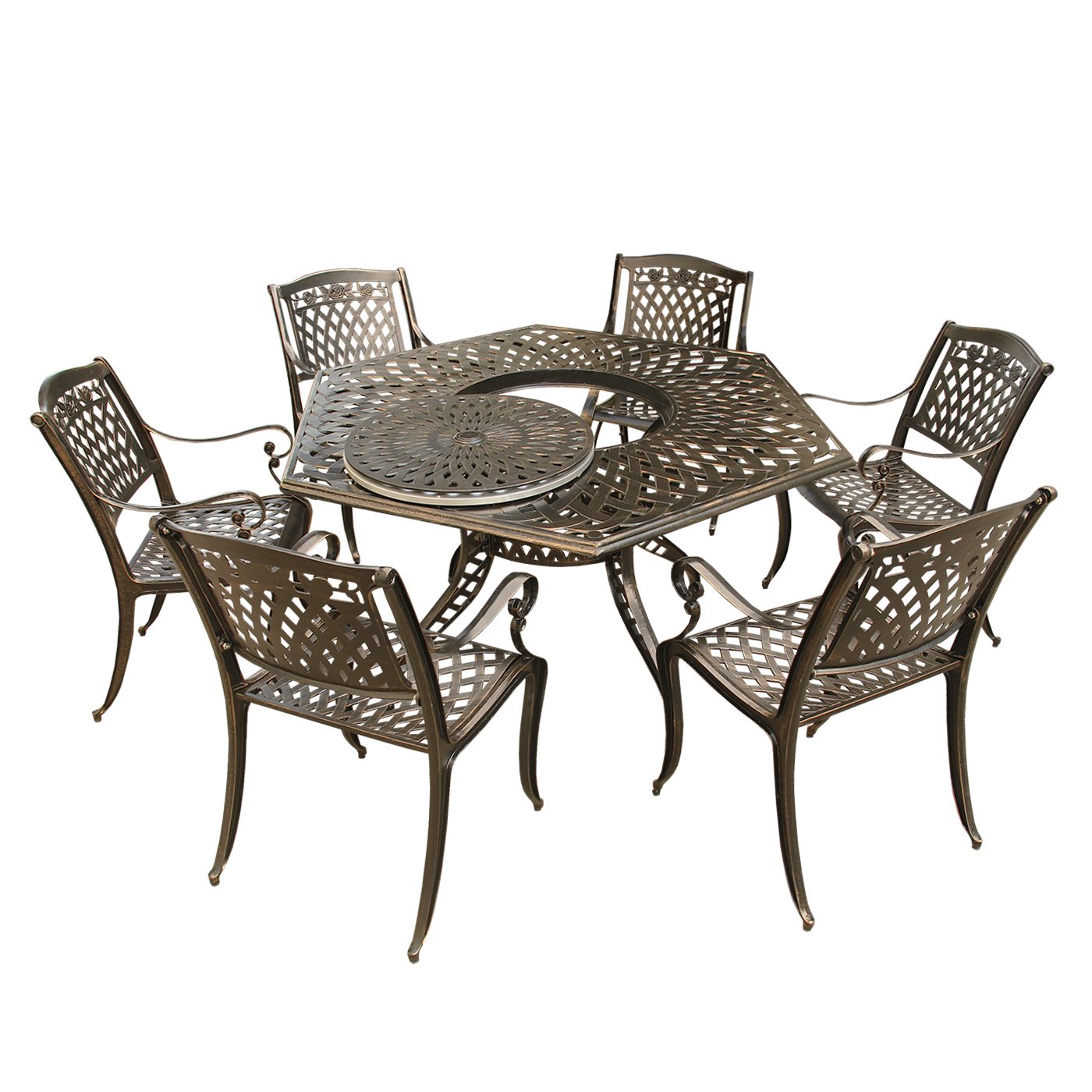 Oakland Living Rose Contemporary Modern and Ornate Traditional Mesh Lattice 63 inch Bronze Hexagon Lazy Susan and Six Chairs Outdoor Aluminum Patio table. TABLE ONLY