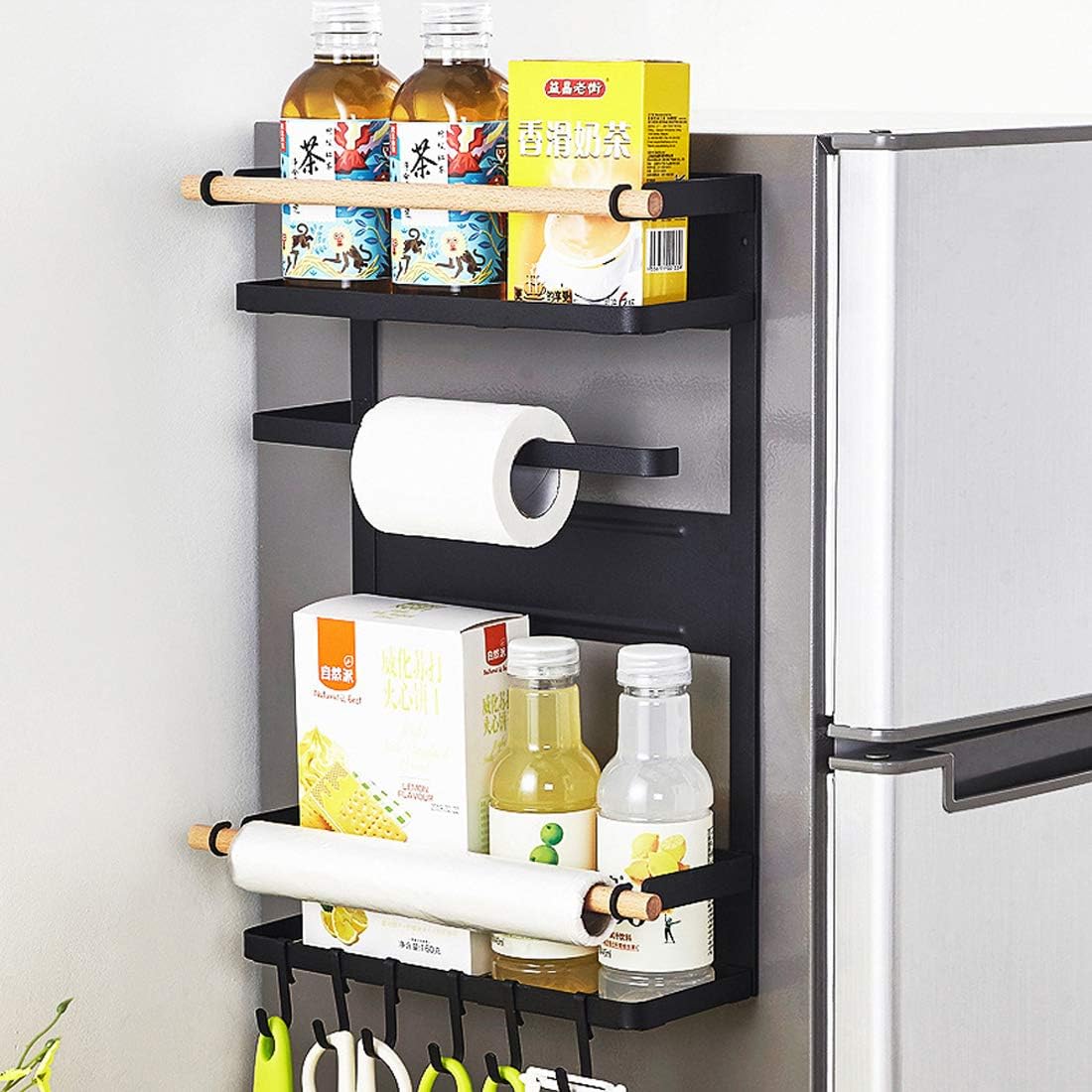 3 Tier Metal Kitchen Rack Magnetic Fridge Organizer Spice Rack Paper Towel Roll Holder Refrigerator Storage Shelf with 6 Removable Hooks, Black
