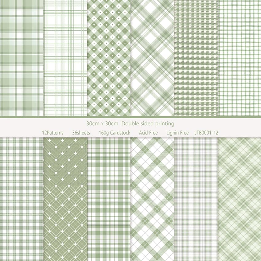 MerwDeeyt 36 Sheet Green Plaid Scrapbook Paper 12x12 Inch 160gsm