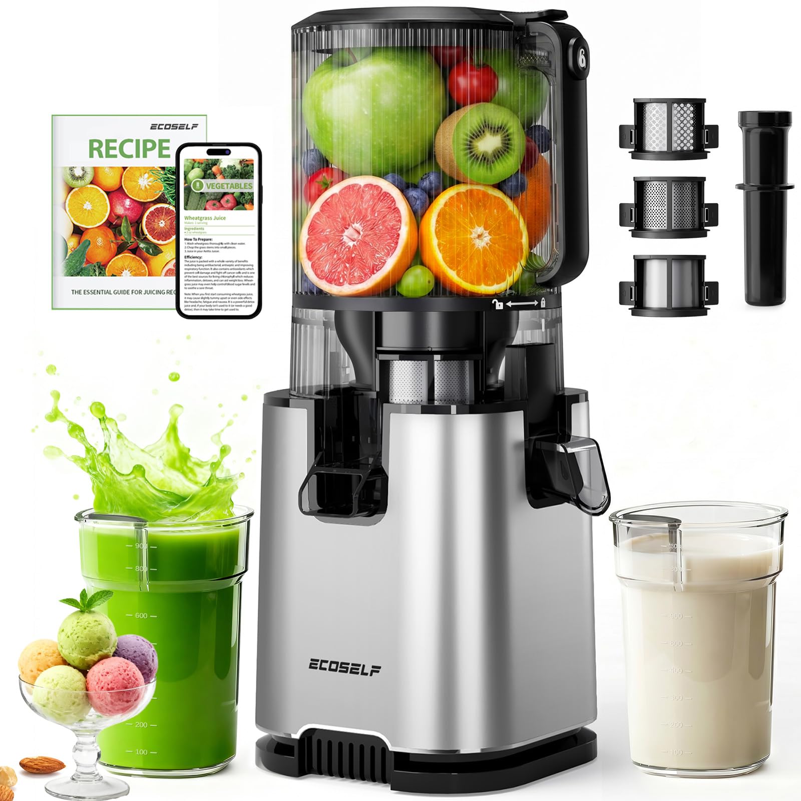 Photo 1 of ECOSELF 3-in-1 Cold Press Juicer with 3 Filters (For Juice/Sorbet/Nut Milk), Juicer Machines With Wide Mouth Hopper For Fruits & Leafy Green, Large Capacity & Hands-Free, High Juice Yield, With Pusher