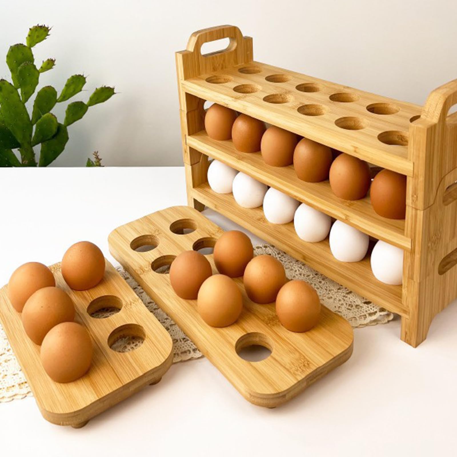 Portauovo in bambù, scaffalatura multistrato, organizer da cucina, materiali naturali (secondo piano)