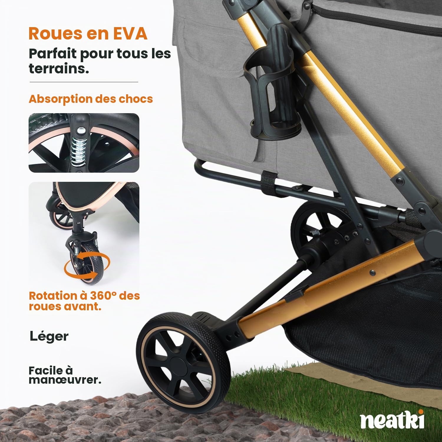 Poussette pliable pour chiens et chats | Capacité de 15 kg | Roues avant pivotantes à 360° | Pliage en un clic | Clips de laisse/sécurité | rembourrage lavable (Gris)