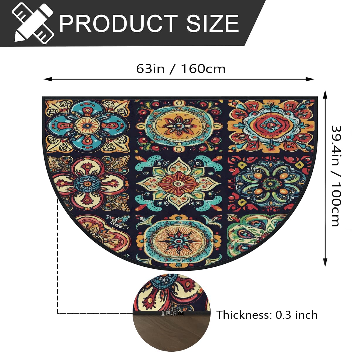 Mexpekil Paillasson mexicain ethnique floral demi-lune pour intérieur et extérieur, antidérapant, lavable, absorbant, anti-saleté, 100 x 160 cm