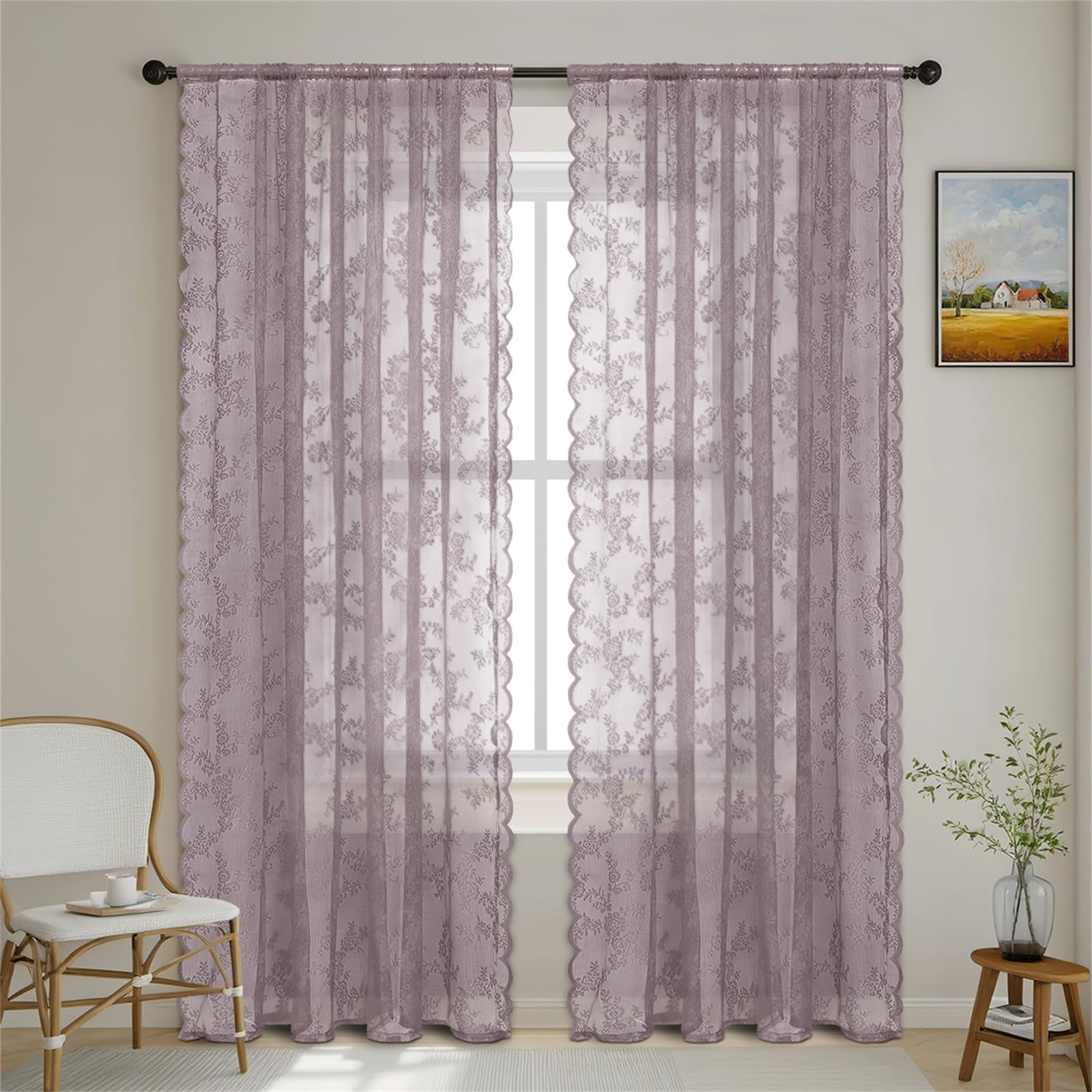 Surwin Curtains for Bedroom, Lace Solid Color 2 Panels Voile Curtain, Semi Transparent Sheer Curtains, Living Room Balcony Home Decorative Net Curtains for Windows (Dark Purple,150x180cm)