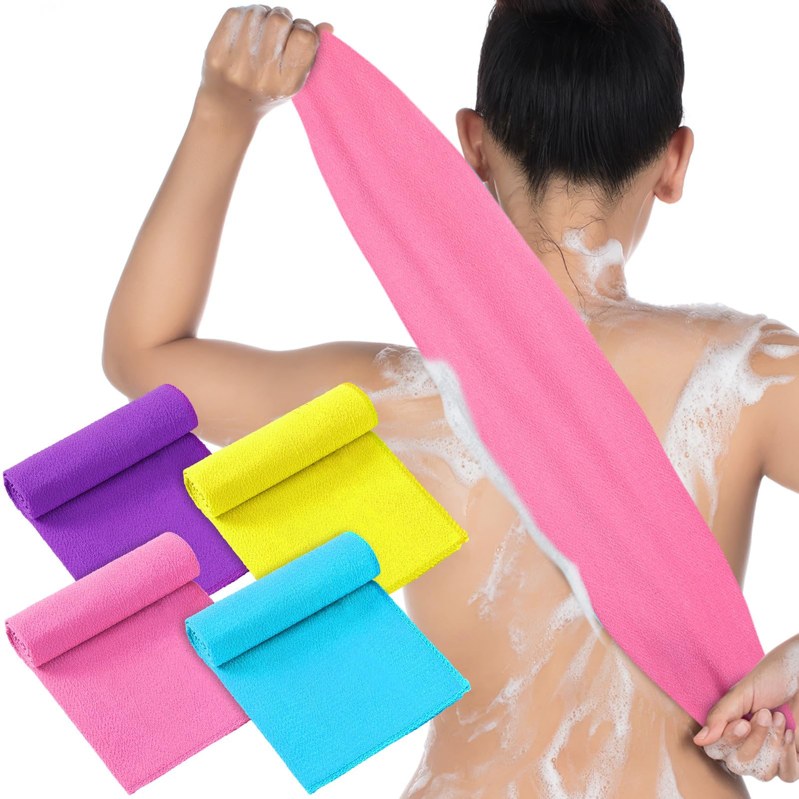Tatuo 4 Pieces Korean Exfoliating Washcloth Body Back Scrubber Japanese Italy Exfoliating Cloth 35.5 Inch Long Bath Towel Washcloth Dead Skin Remover for Men Women(Mixed Color)