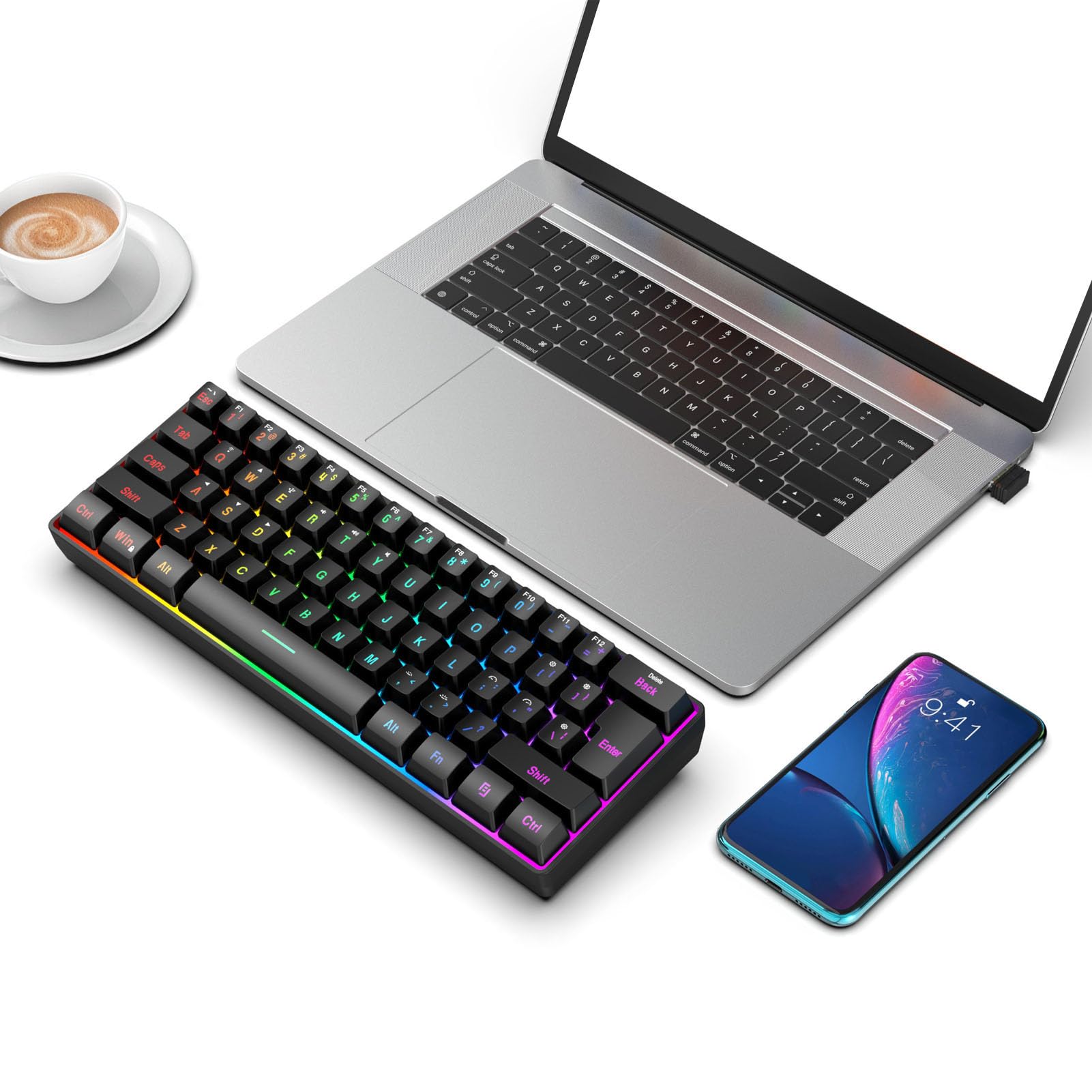 Tastiera da Gioco Al 60%, Teclado Gamer 3 modalità Tastiera Silenziosa 61 Tasti 2.4G Wireless Cablata Tastiera Retroilluminata RGB per Laptop, Telefono, Tablet (BLACK)