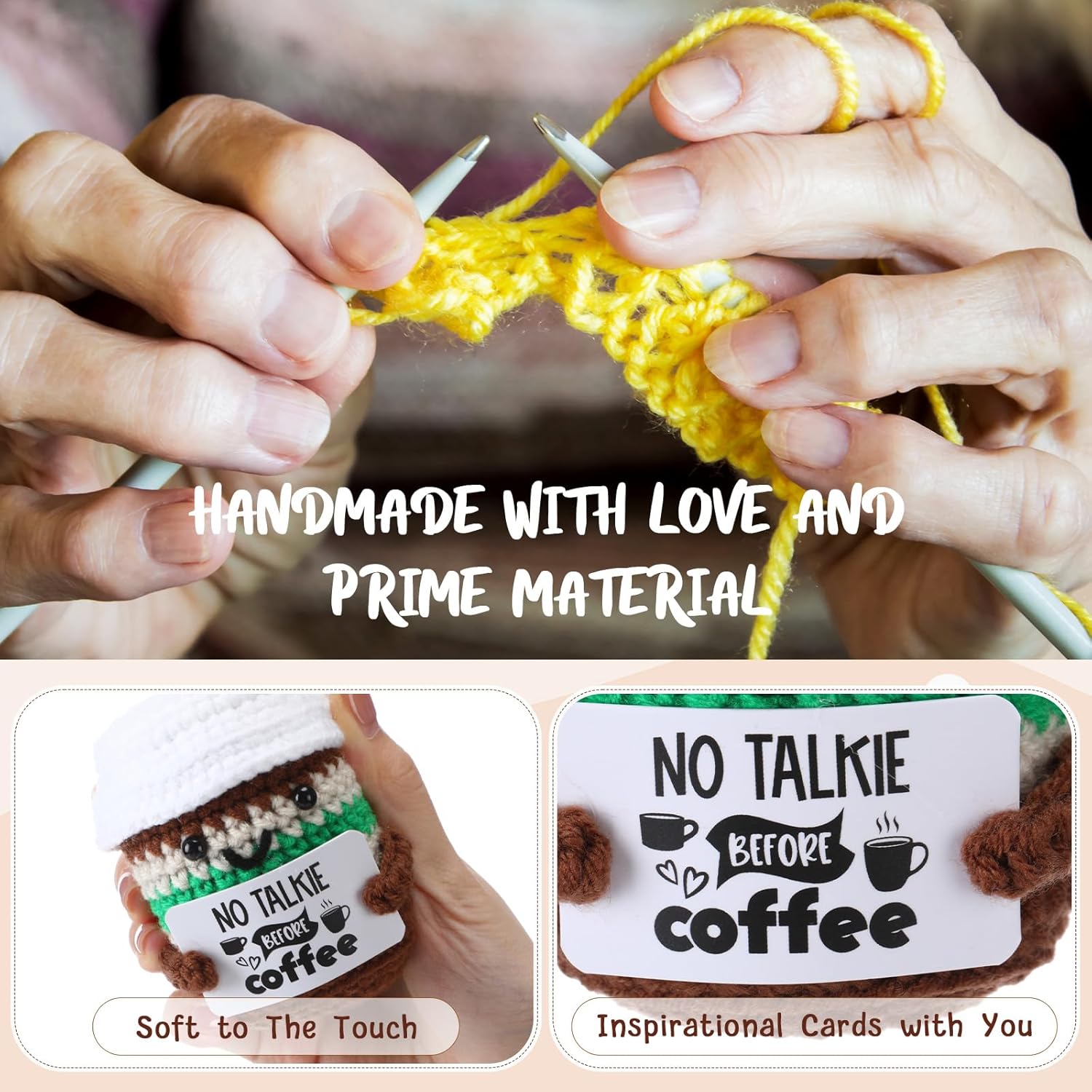 HyDren 12 Pcs Handmade Coffee Lovers Gifts Bulk Motivational Crochet Coffee Cup Plush Dolls with Positive Quotes for Women Men Coworkers Friend Office Home Desk Decor Birthday Holiday Party Favor