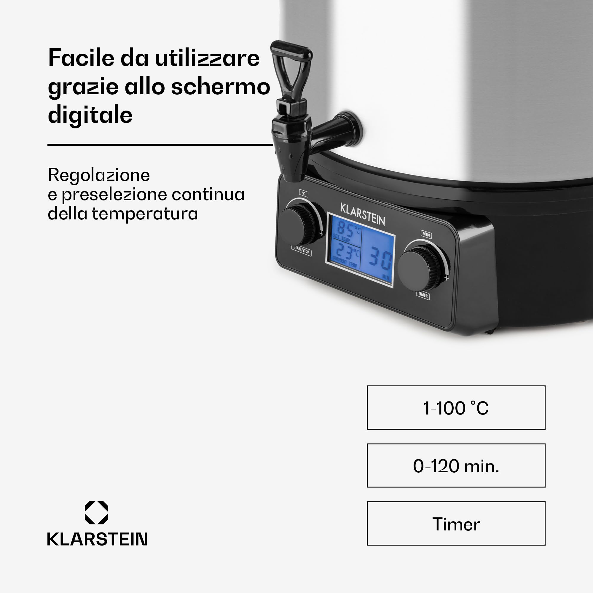Klarstein Biggie Digital - pentola da infusione, pentola da conserva, apparecchio per il vin brulé, 27 litri, 2 w, temperature programmabile, tempo regolabile a 12 minuti, argento