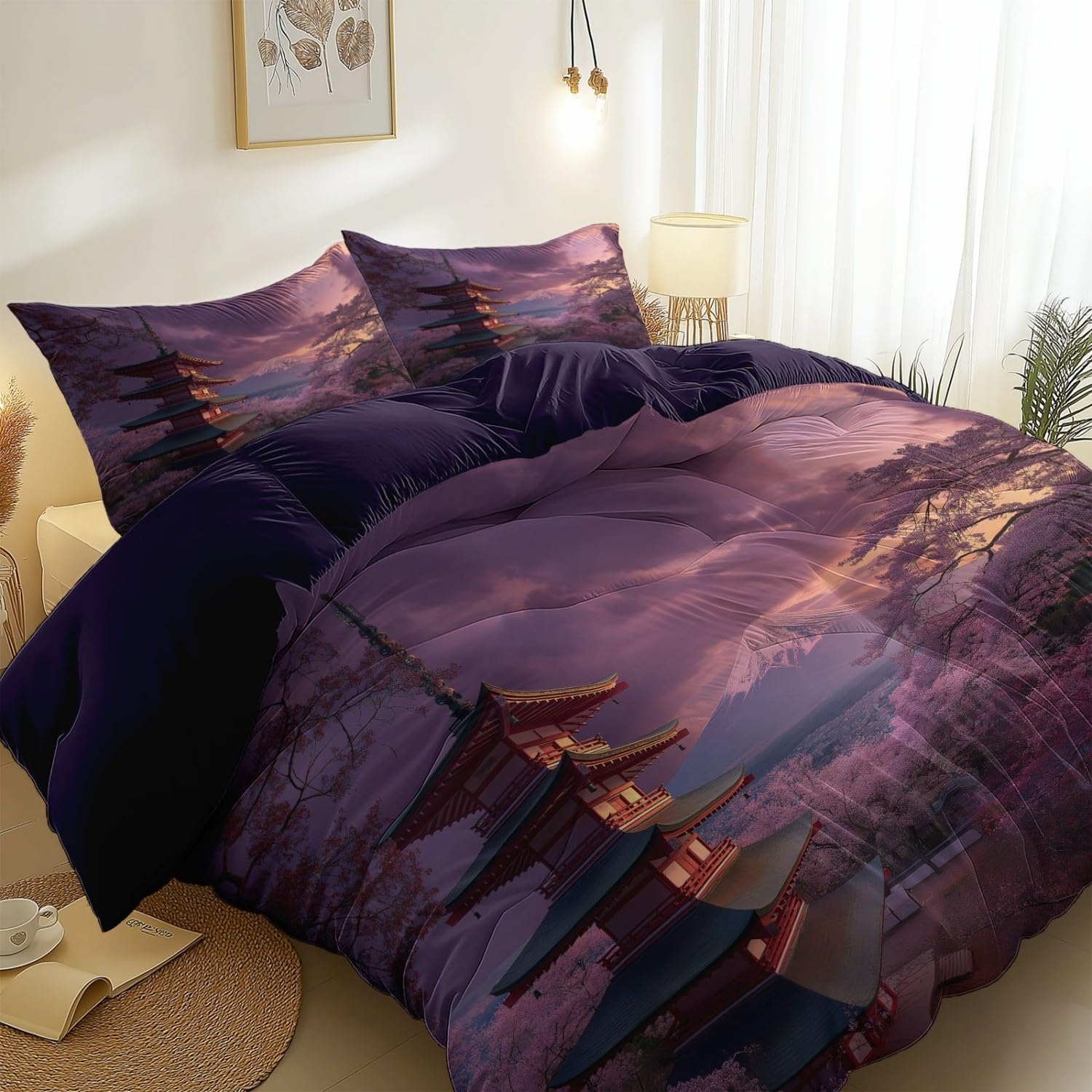 King Duvet Cover Sets Oriental Japanese Pagoda Architecture, Brushed Microfiber Duvet Cover Soft Hypoallergenic Dark Purple Reversible Bedding Set for Teens and Adults Bedroom