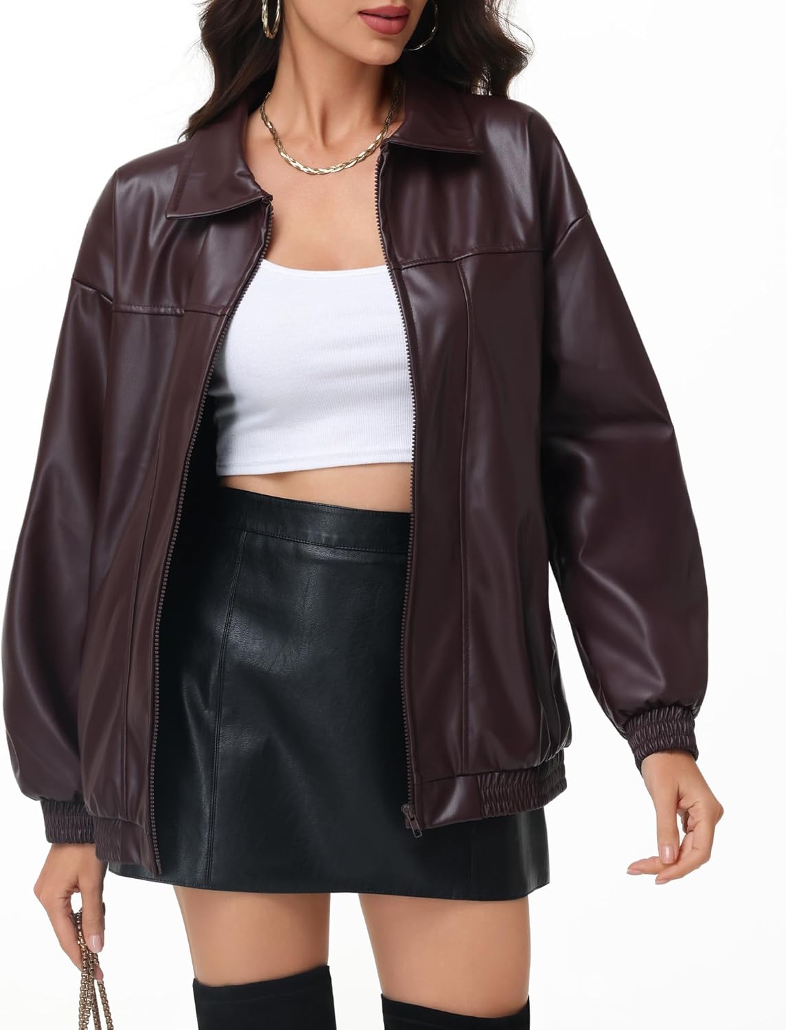Women Oversized Leather Jacket Faux Motorcycle Coat Zip up Long Sleeve Jacket Stylish Clothes 2025 - Image 5