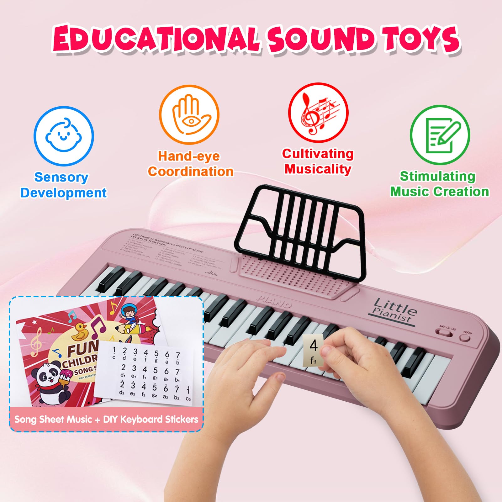 37 Keys Keyboard Piano for Kids, Pink Portable Music Toy for 2 Years Old Girls, Early Learning Educational Electronic Musical Instrument First Birthday Gifts for Toddler Aged 3 4 5 6 7 8 9