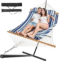 Everyfun 2-Person Outdoor Hammock with Stand - Cotton Rope, Removable Quilted Pad, Adjustable Steel Frame, Portable for Patio Backyard Beach Blue