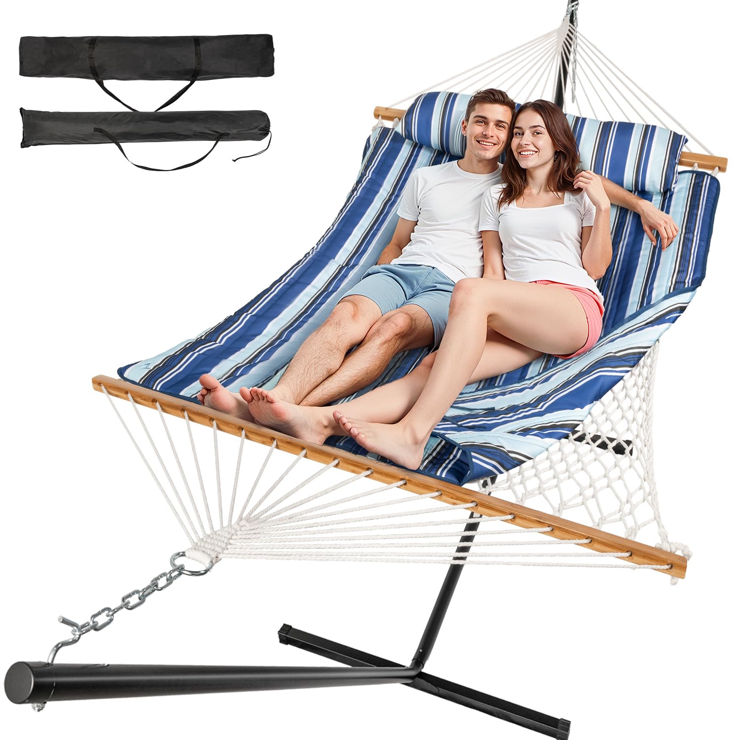 Everyfun 2 Person Outdoor Hammock with Stand Cotton Rope Hammock with Polyester Pad Adjustable Steel Frame Portable with