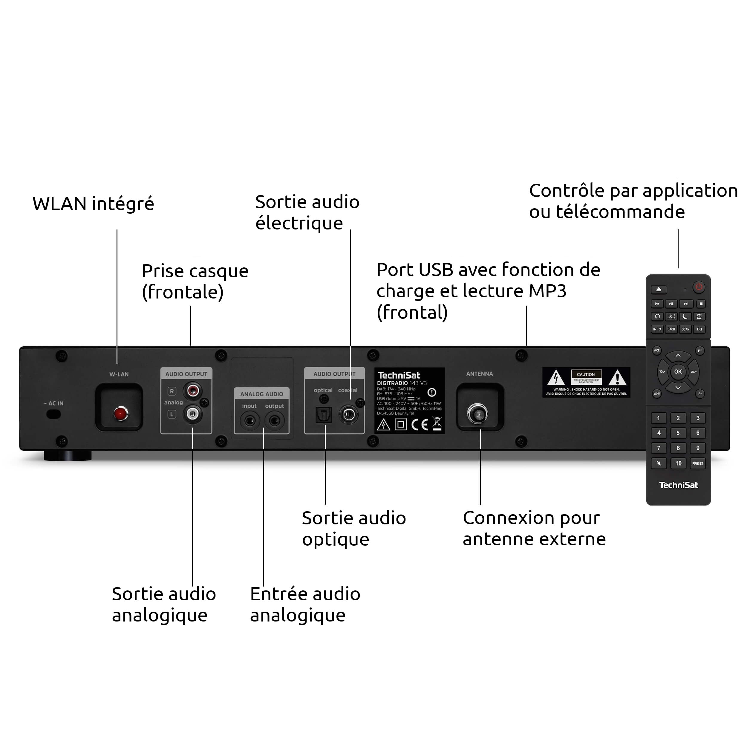 TechniSat DIGITRADIO 143 (V3) - Tuner HiFi Internetradio (Radio numérique Dab+, Streaming Audio Bluetooth, Spotify Connect, antenne Filaire, télécommande, Largeur 43,5 cm) Noir