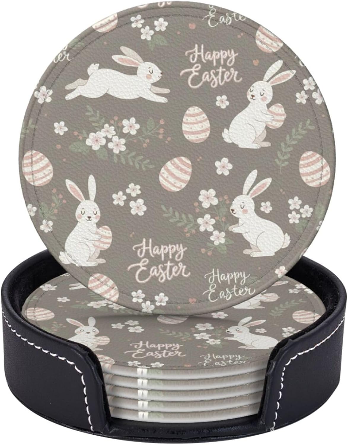 Easter Coasters for Drinks Set of 6 Rabbits Eggs Floral Happy Easter Spring Home Decor Round Leather Drinks Coaster with Holder Heat Resistant Cup Mat Pad for Party, Kitchen & Dining Table