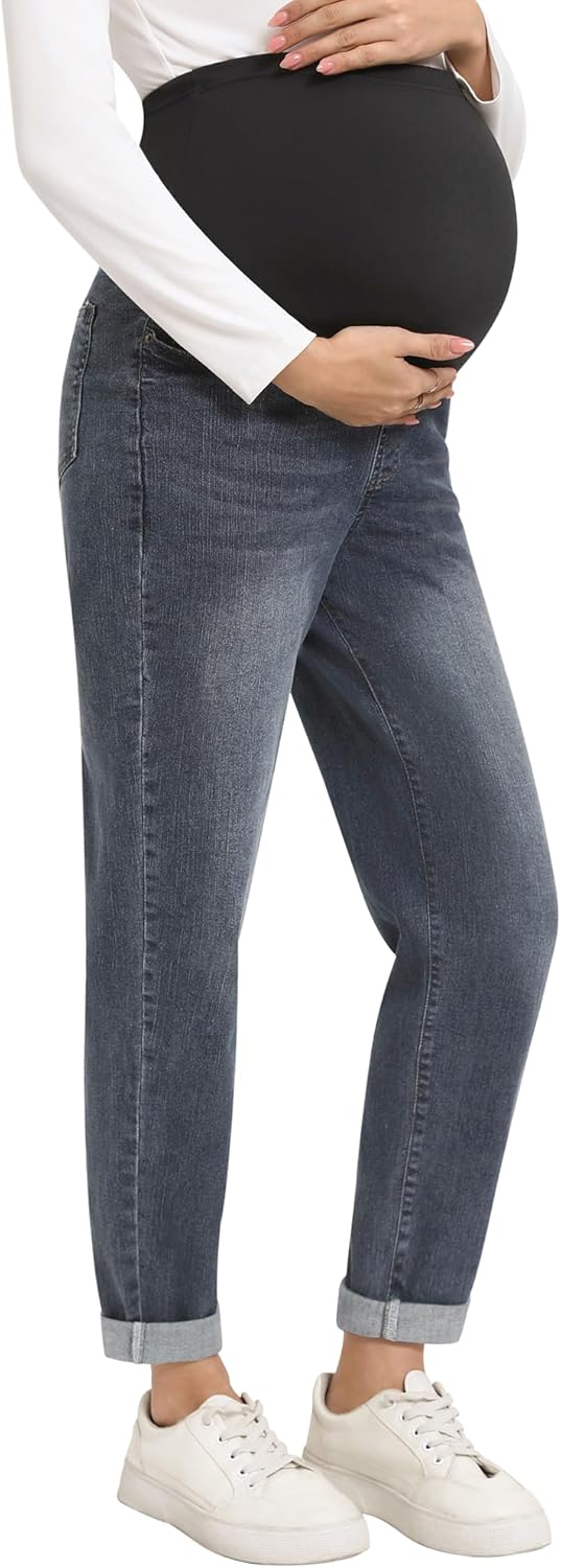 Women's Maternity Boyfriend Jeans Over Belly Stretch Denim Pregnancy Trendy Pants(Black XX-Large)
