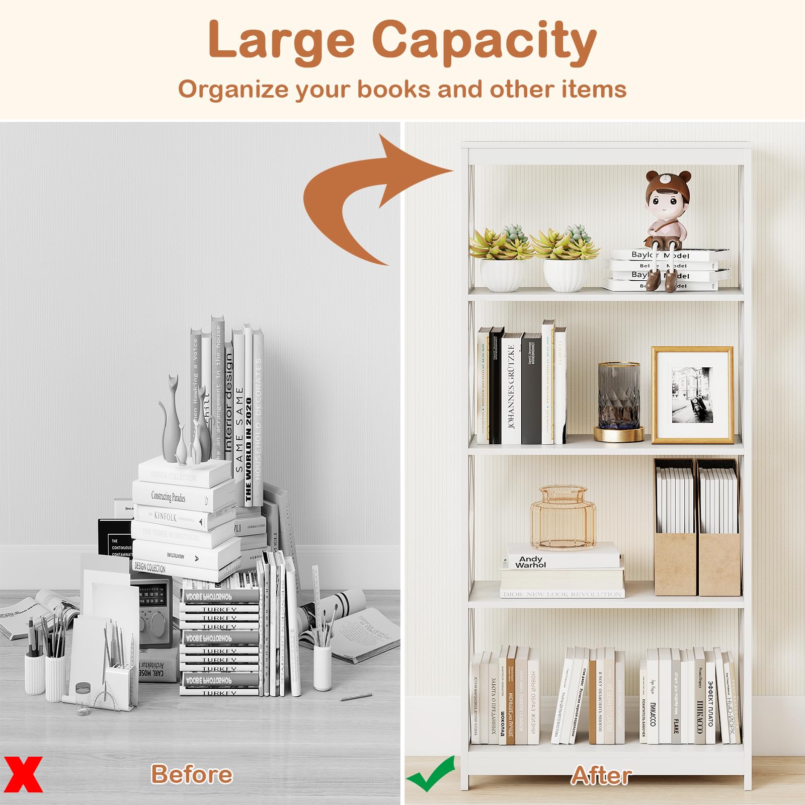 GIANTEX Bibliothèque à 5 Niveaux, Bibliotheque Livre avec Kit Anti-Basculement, Etagere Livre Style Moderne, Meuble de Rangement pour Bureau, Salon, Chambre, Salle d'Étude, 70 x 30 x 155 cm, Blanc