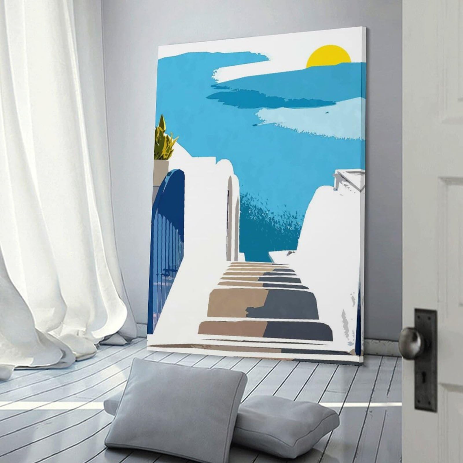 Junmoney Santorini Morning Canvas Wall Picture, 12x18inch(30x45cm), for Home, Office, Studio Or Guest Room, A Flexible Wall Accent for Shared Spaces
