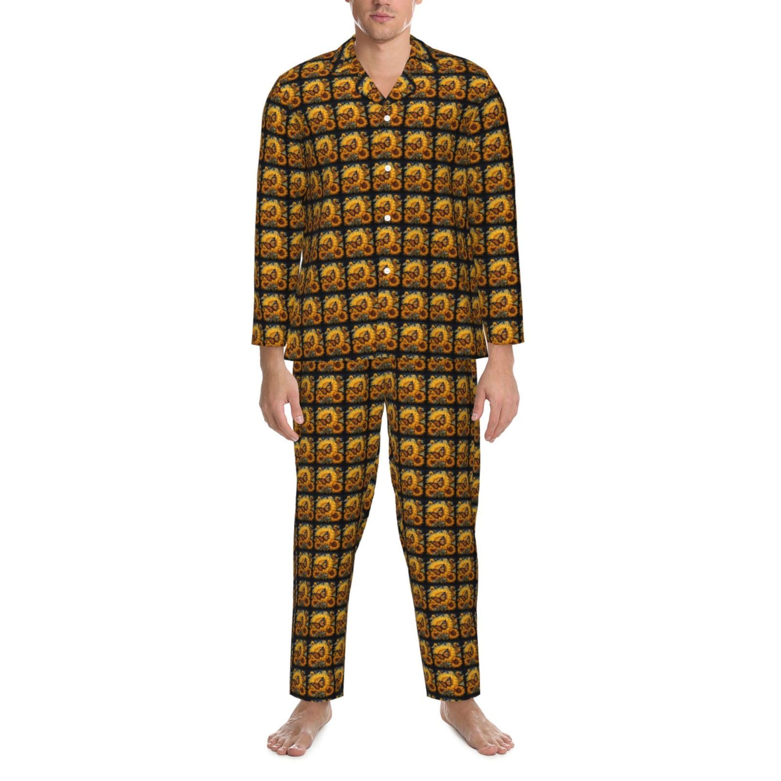 Conjunto de pijama de manga larga para hombre con estampado de girasoles y mariposas, de dos piezas, transpirable, ropa de dormir para el hogar