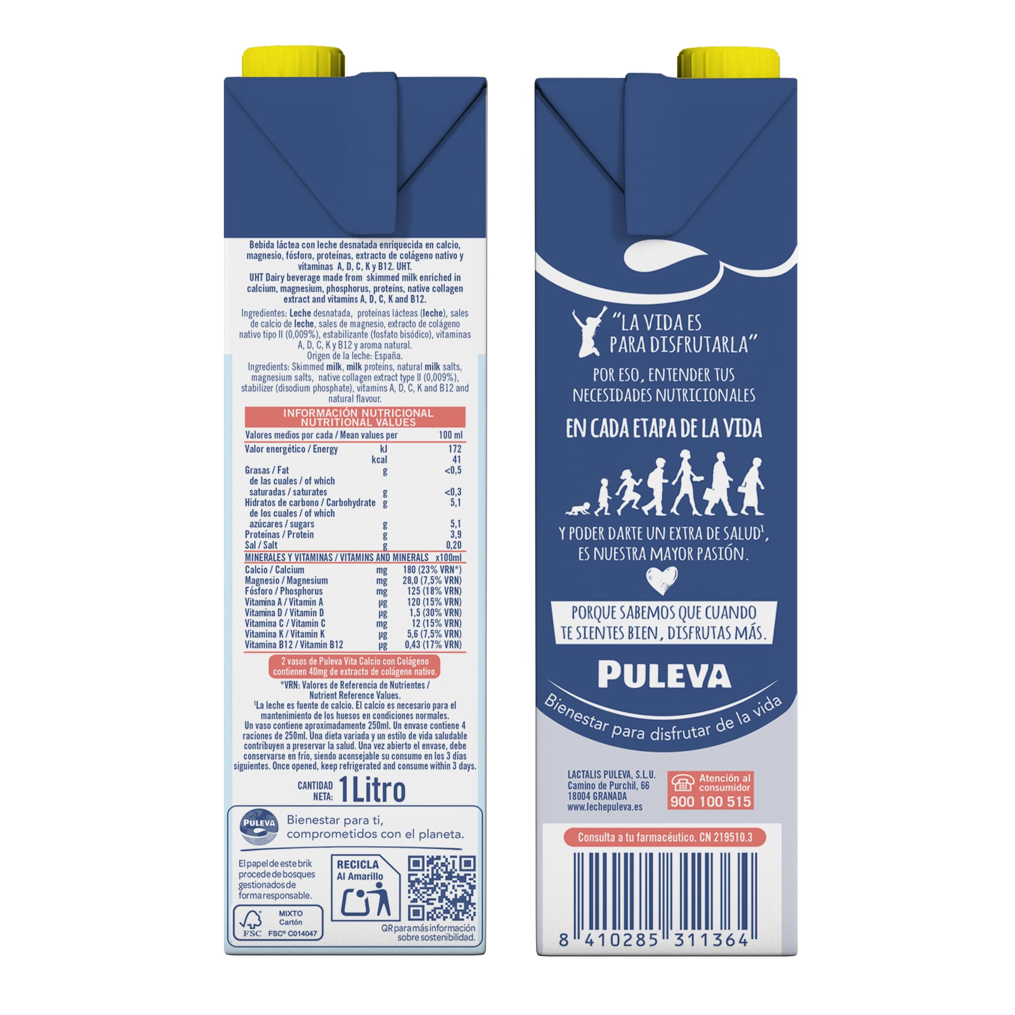 Puleva Vita Calcio Leche Desnatada con Colágeno, Vitaminas C, B12, Calcio y Magnesio Pack 6x1L