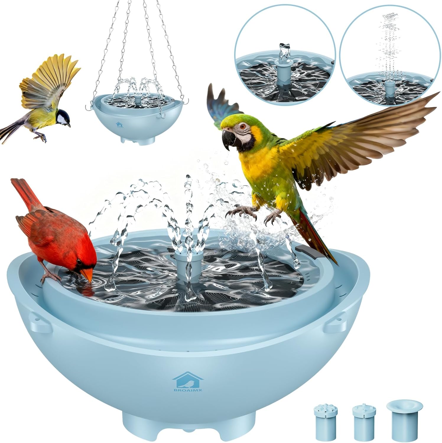 Solar Powered Bird Bath Fountain with Built-in Lithium Battery, 3 Nozzles for Garden, Automatic Low-Water Protection, Gift for Bird Lovers (Deep Blue)
