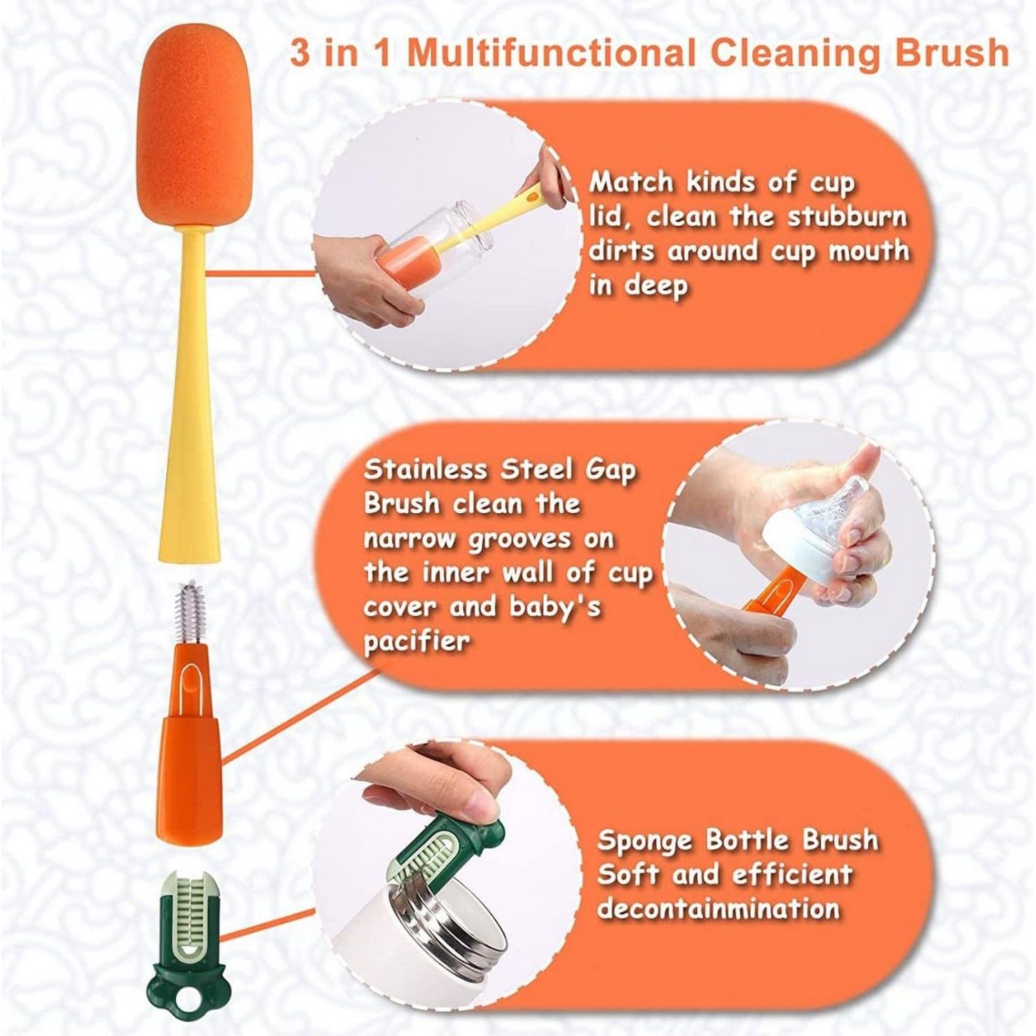 UGU ZONE 3 in 1 Bottle Cleaning Brush with Long Handle for Baby Bottles, Water Bottles, Tumblers, Cups, Vases, Containers β Multi-Purpose Sponge Brush Set with Gap & Lid Cleaner (Multicolor) 3