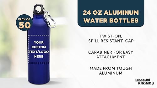 Miniatura 3 de DISCOUNT PROMOS Botellas de agua de aluminio personalizadas con mosquetón de 24 onzas, juego de 50, paquete personalizado a granel, perfectas para