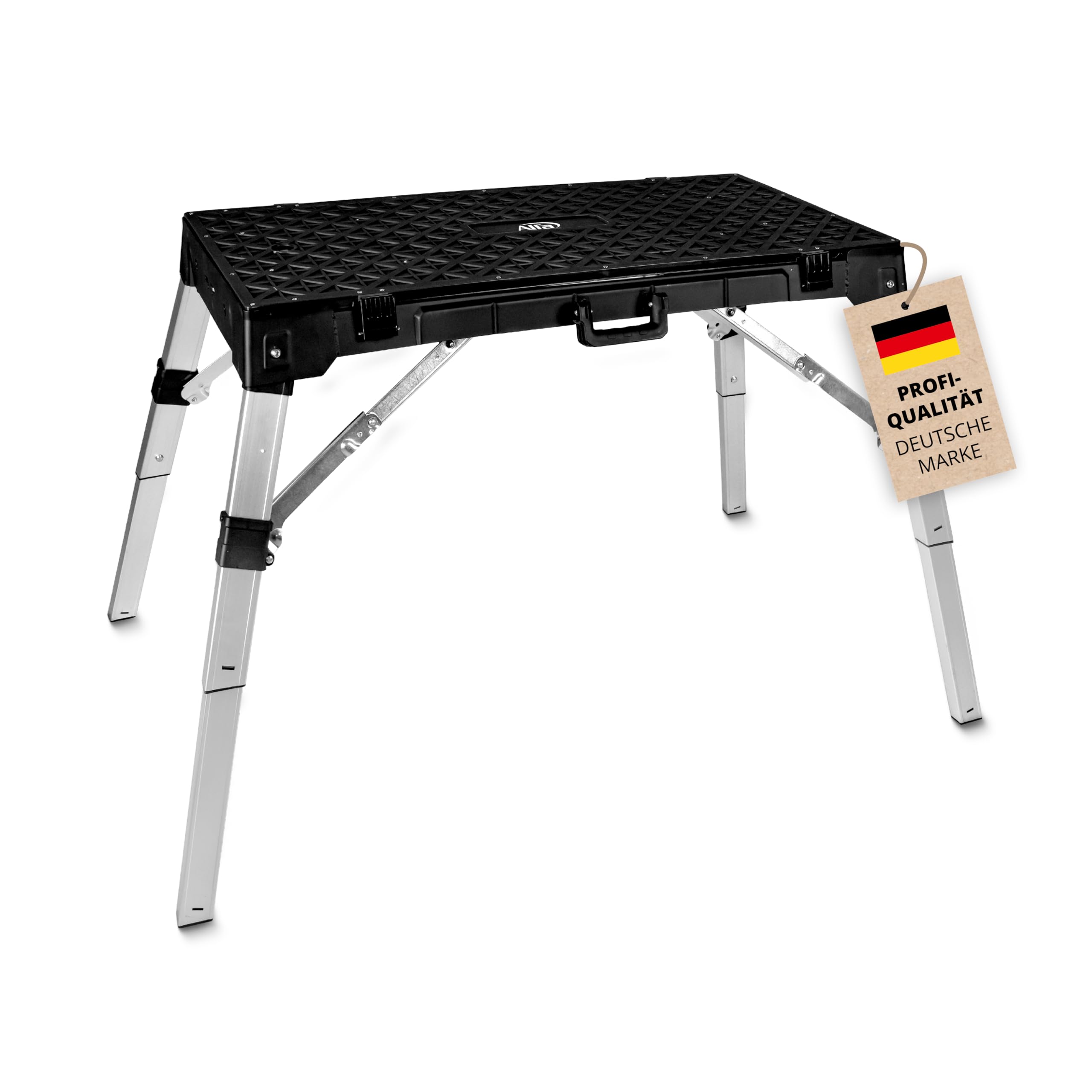 Alfa Universal-Werkbank 4 in 1 – Rollbrett/Werktisch mit 85 cm Arbeitshöhe | Profi-Qualität – Mit Ablagefächern und wendbarer Arbeitsplatte – Höhenverstellbare Werkzeugbank
