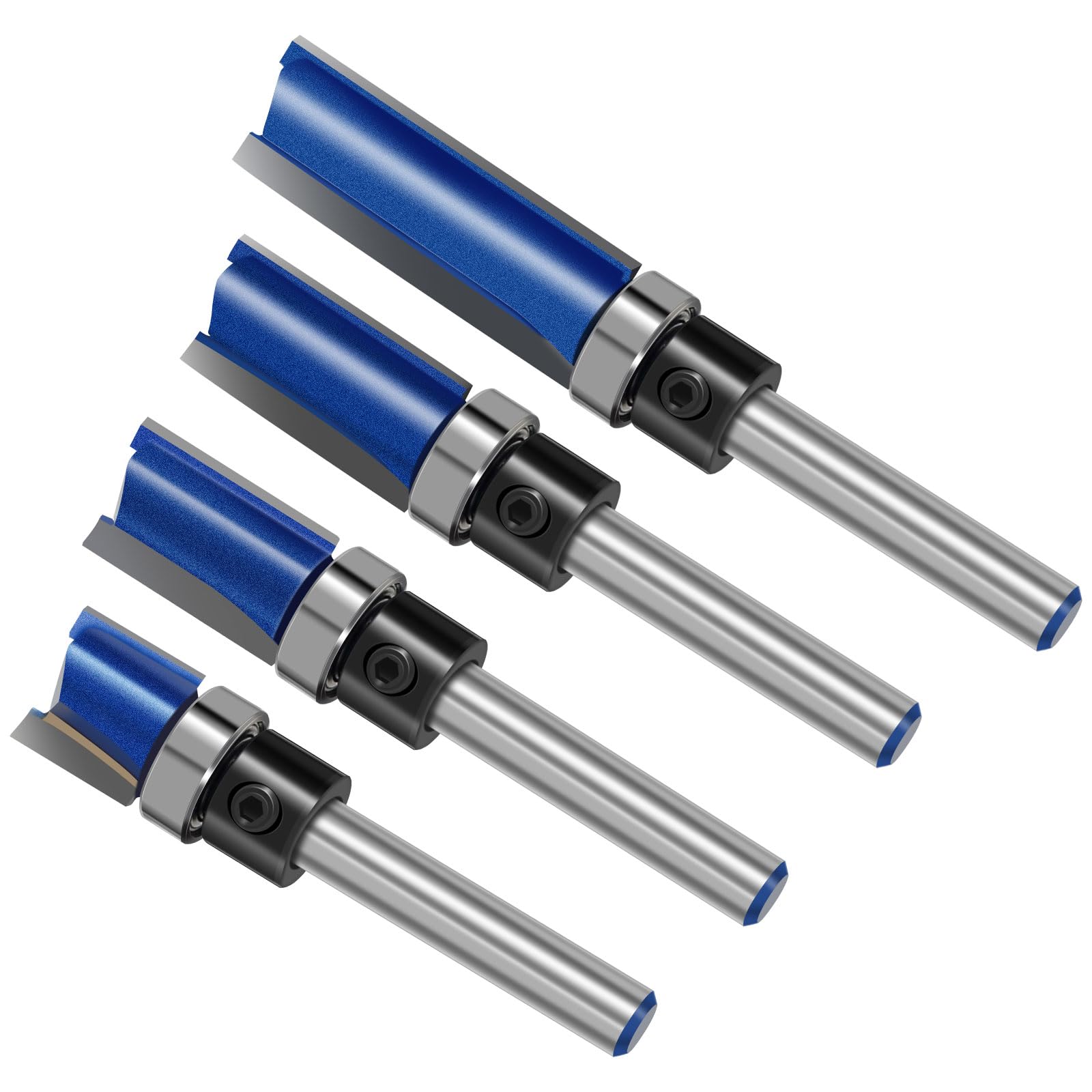1/4 Inch Shank Blue Pattern Flush Trim Router Bit Set, 4Pcs Carbide Wood Router Bits, Template Guide Woodworking Tool, Cutting Diameter 12.7mm for Woodworking Home DIY