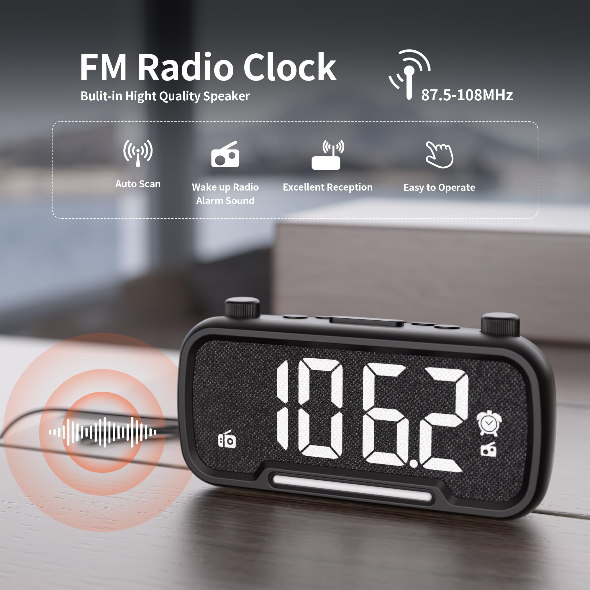 Radiosveglia con altoparlante Bluetooth, radio FM, suono ad alta fedeltà, orologio da comodino con 2 caricabatterie USB, dimmer e volume regolabili, luce notturna, timer di spegnimento automatico,