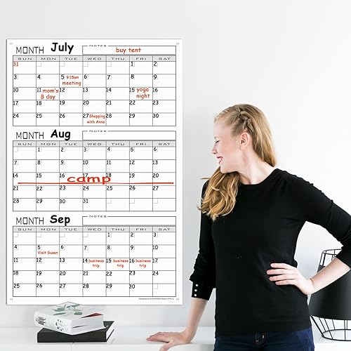 Miniatura 7 de Calendario grande de borrado en seco de 3 meses para pared, 36 x 24 pulgadas, calendario de pizarra blanca de tres meses sin fecha para oficina