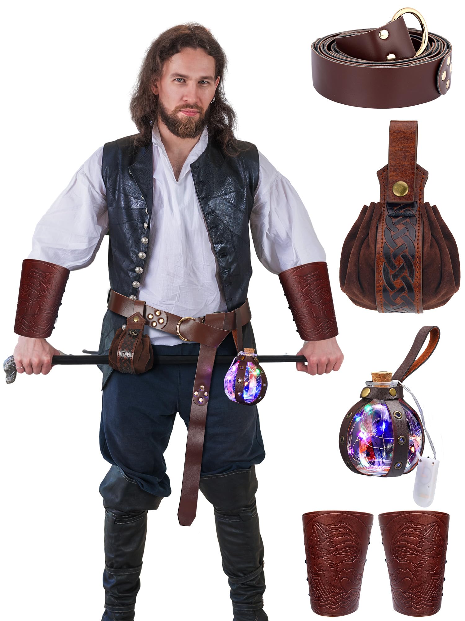 5 Pcs Medieval Belt Renaissance Accessories Halloween Viking Leather Belt Pouch Arm Guard Cork Potion Bottle with Leather Belt LED Wine Bottle Light Renaissance Accessories for Halloween Adult Cosplay