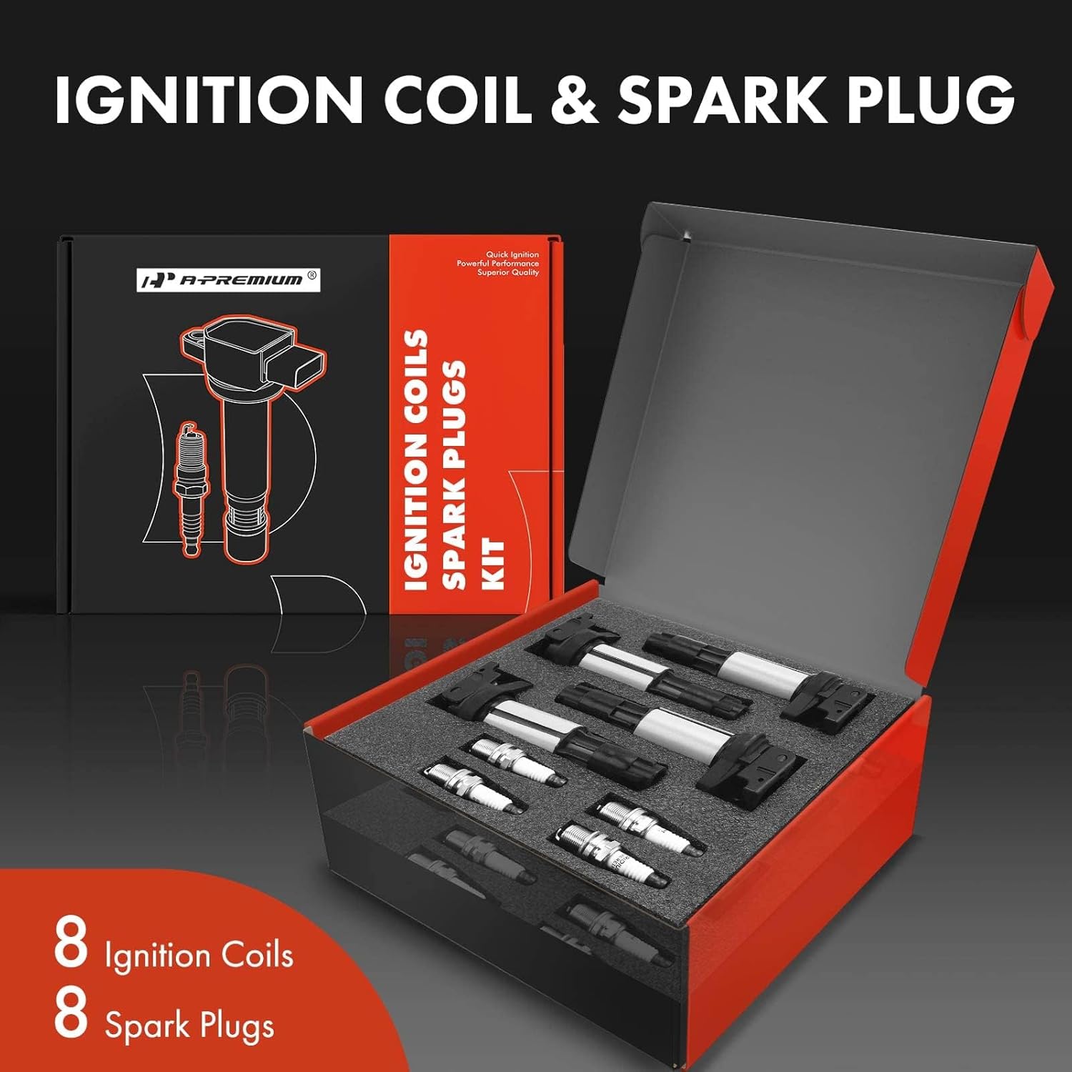 A-Premium Set of 8 (Black，Gap: 0.040“) Ignition Coil Pack and Iridium Spark Plugs Compatible with BMW 545i 645Ci 745i 745Li X5 Morgan Aero 8