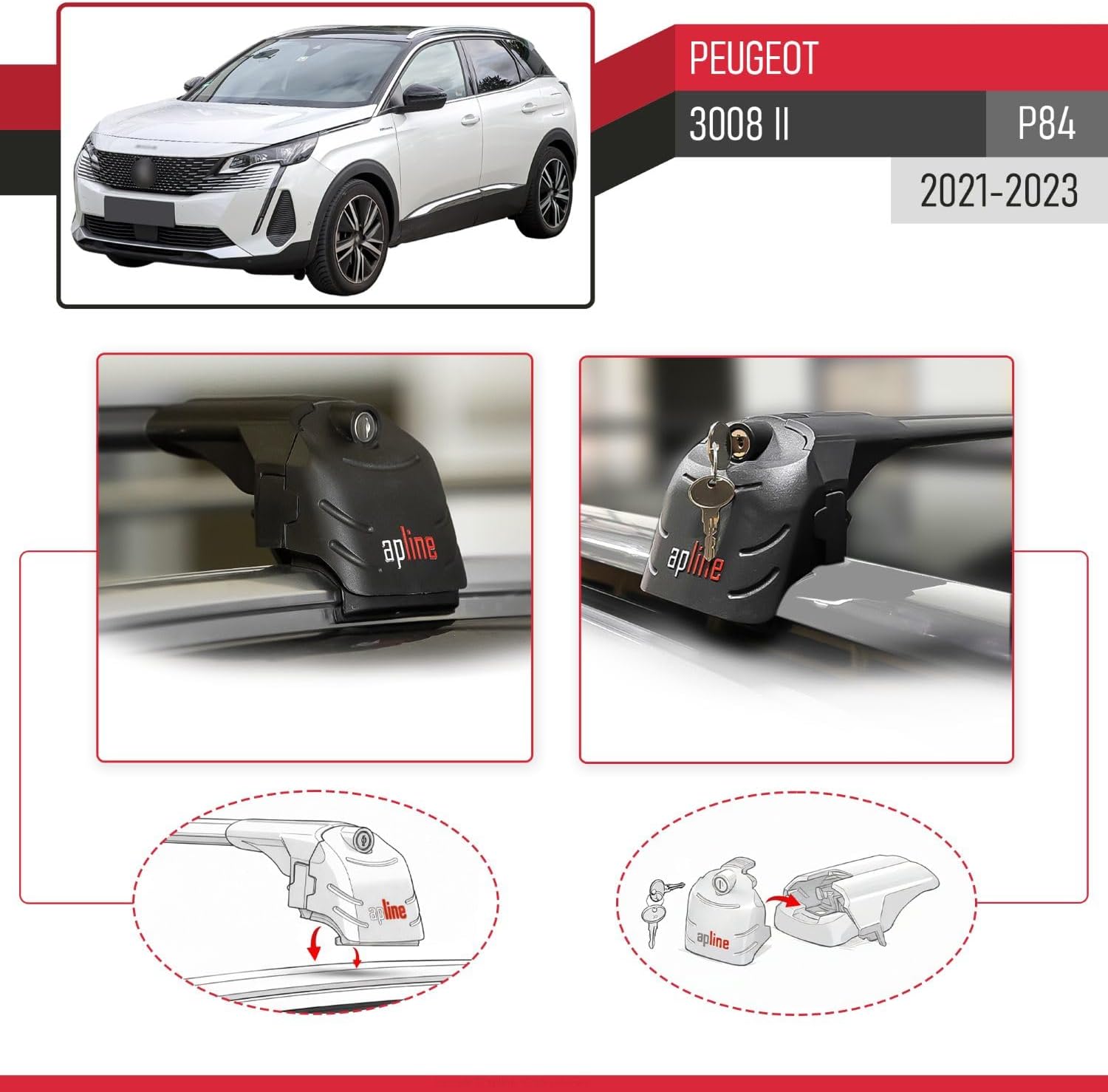 Compatible with Peugeot 3008 II (P84) Post-Facelift 2021-2023 ACE-2 Type Car Roof Rack Cross Bar Black Aluminium Bars