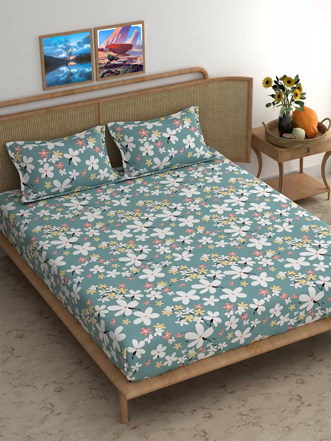 DECOMIZER 300 TC Cotton Feel Glace Cotton Elastic Fitted Printed King Size Double Bed Bedsheet with 2 Pillow Coverm Fits Upto 8 inches Mattress,Size- 72x78x10 Inches,Blue Flower