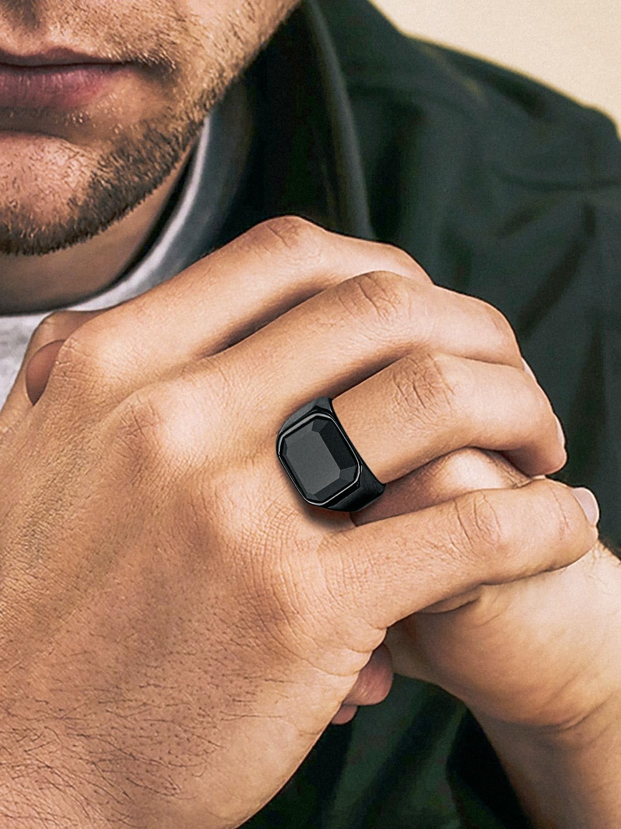 Richsteel Anillos Sello con Onix Negro Grande, Signet Ring, Incluye Caja de Regalo
