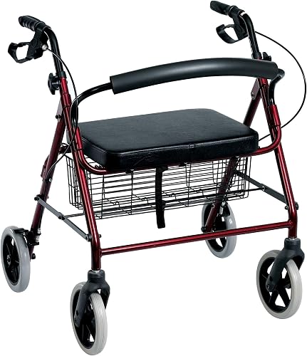 Heavy Duty Aluminium Rollator with Padded Seat, 150kg Capacity, 72cm Extra-Large Seat Width, 8 Inch Wheels, Height Adjustable with Shopping Basket