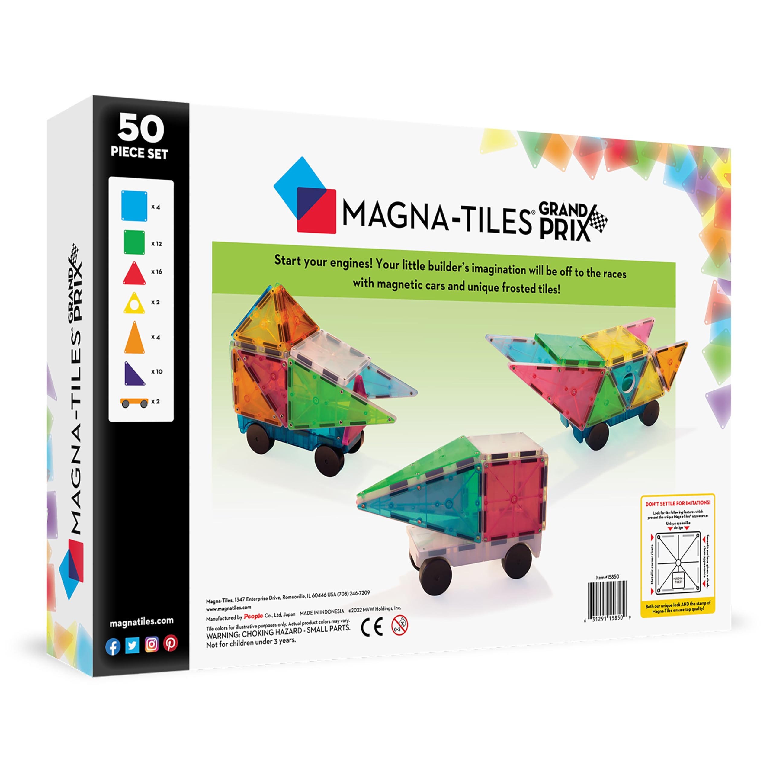 Magna-Tiles 50-teiliges Set Grand Prix mit unterschiedlichen, magnetischen 3D-Bausteinen in matten Farben und 2 Fahrgestellen, fördert spielerisches Lernen