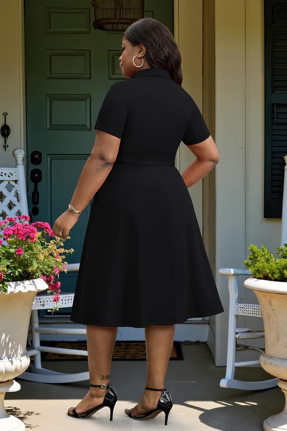 FANDEE Plus Size Dresses, Women Summer Casual V Neck Short Sleeve A-Line Cocktail Shirt Midi Dress with Belt and Pockets - Image 6