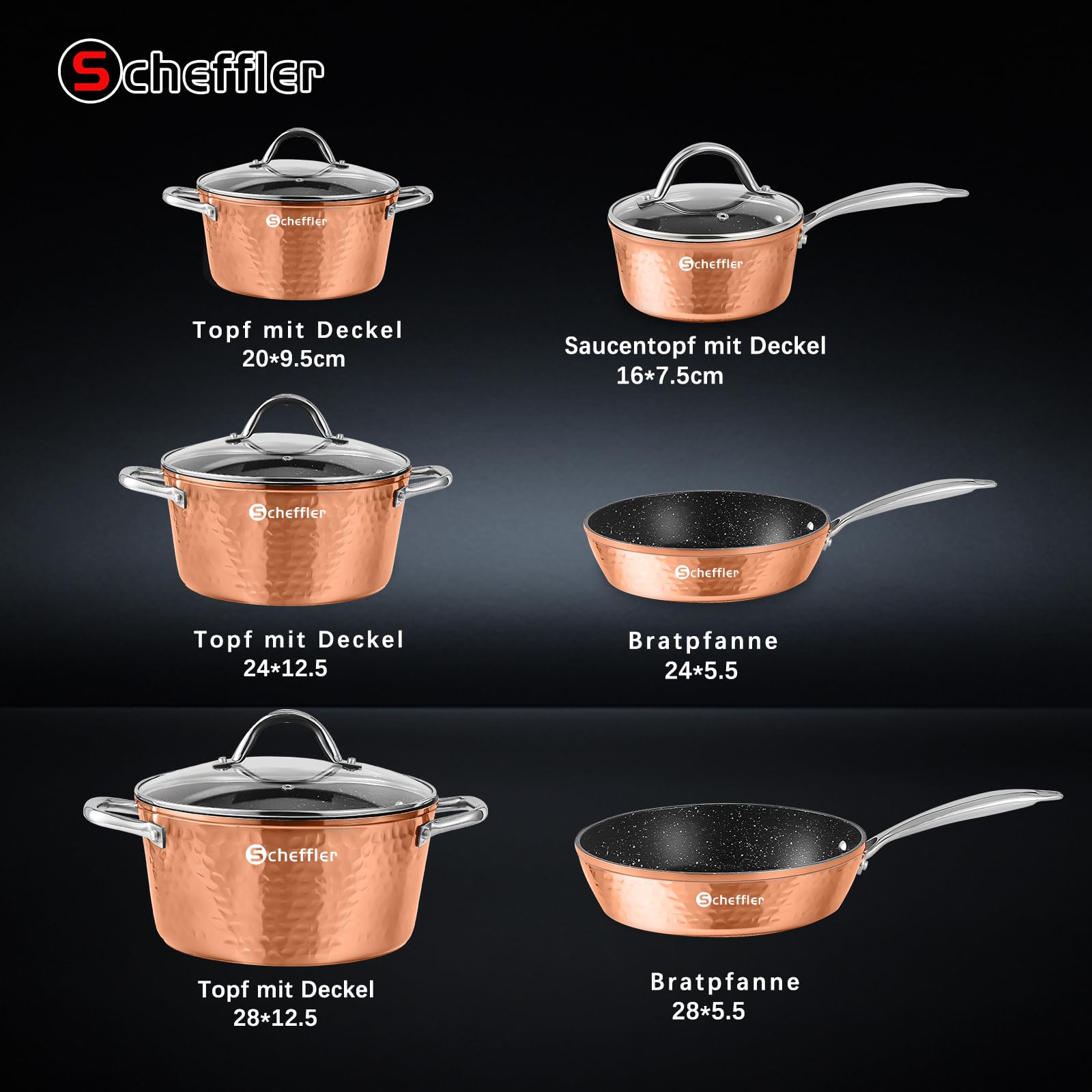 Topfset, Scheffler Topfset Induktion 15-teilig, Töpfe und Pfannen | Geprägtes/strukturiertes Muster Töpfe mit Glasdeckel, Induktionsgeeignet, Edelstahl Griff-Copper