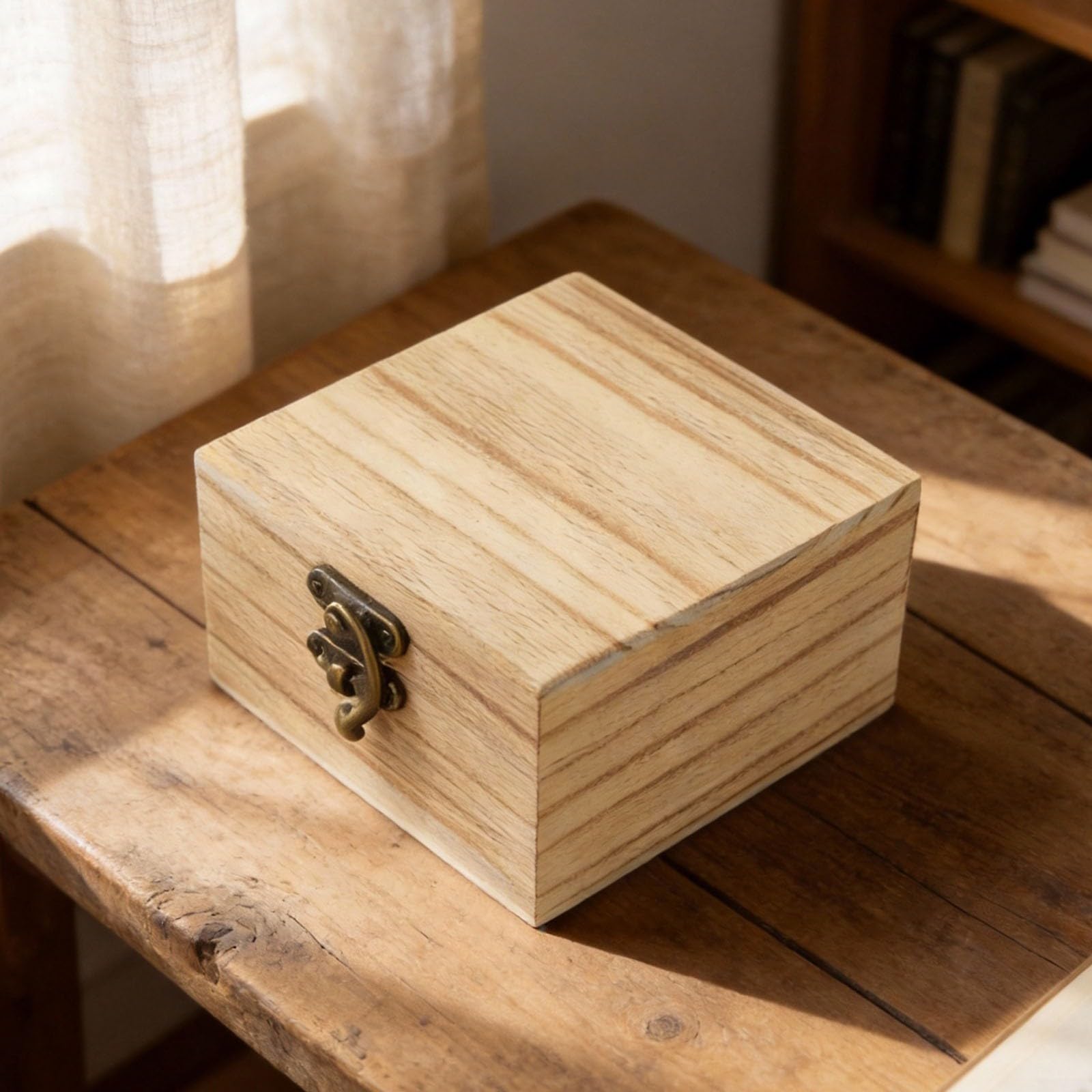 Boîte de rangement vintage en bois de paulownia carrée avec serrure métal 10x10x6 cm
