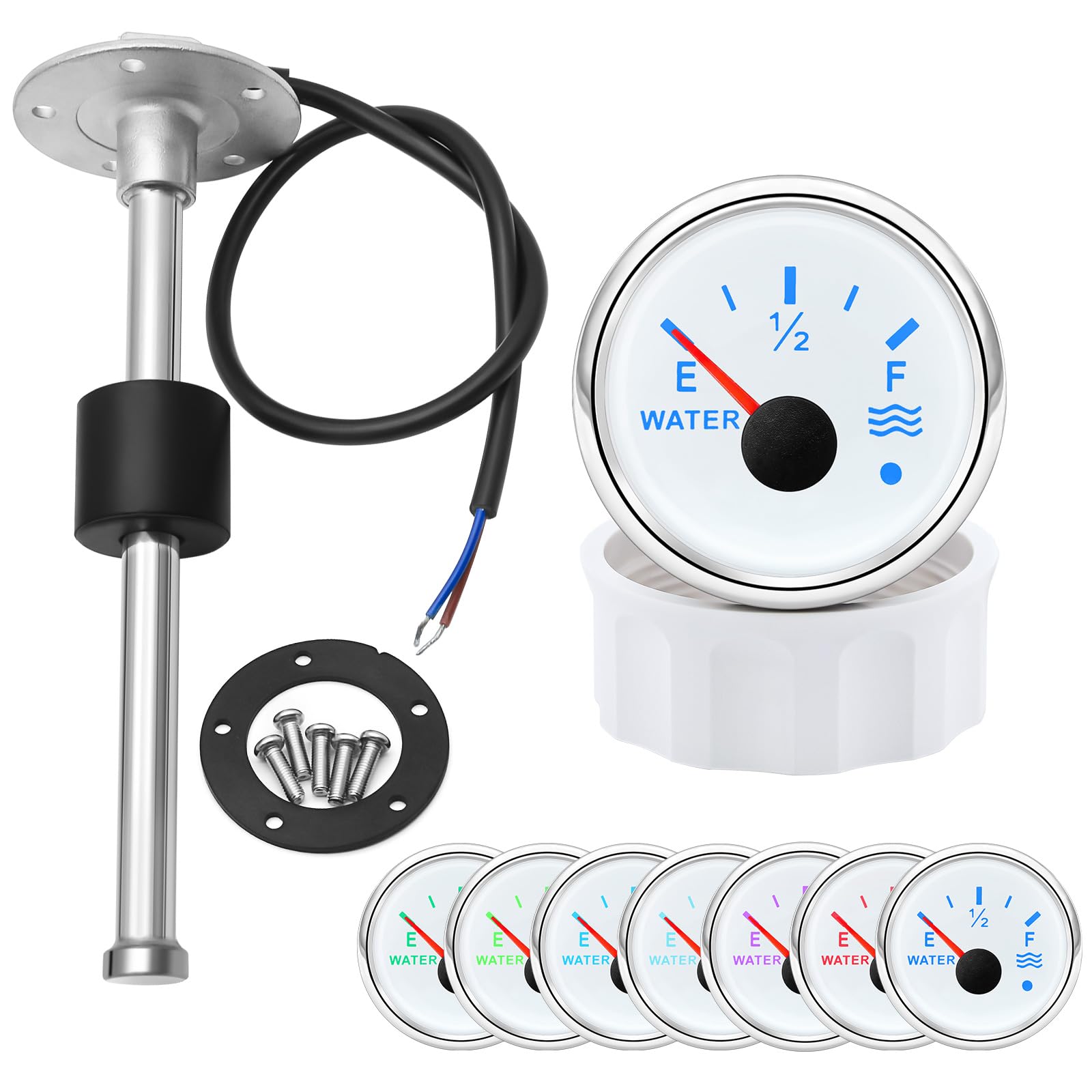 Marine Sailboat 52mm (2'') Water Level Tank Gauge with 7 Colors Backlights 12V 24V with 275mm Water/Fuel Level Sending Unit Sender Sensor