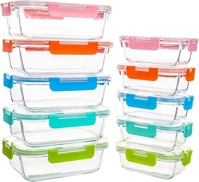 YARYOUNG 10 Pack Glass Food Storage Containers, Glass Meal Prep Containers with Lids, Leak Proof, Microwave & Freezer Safe, colorful