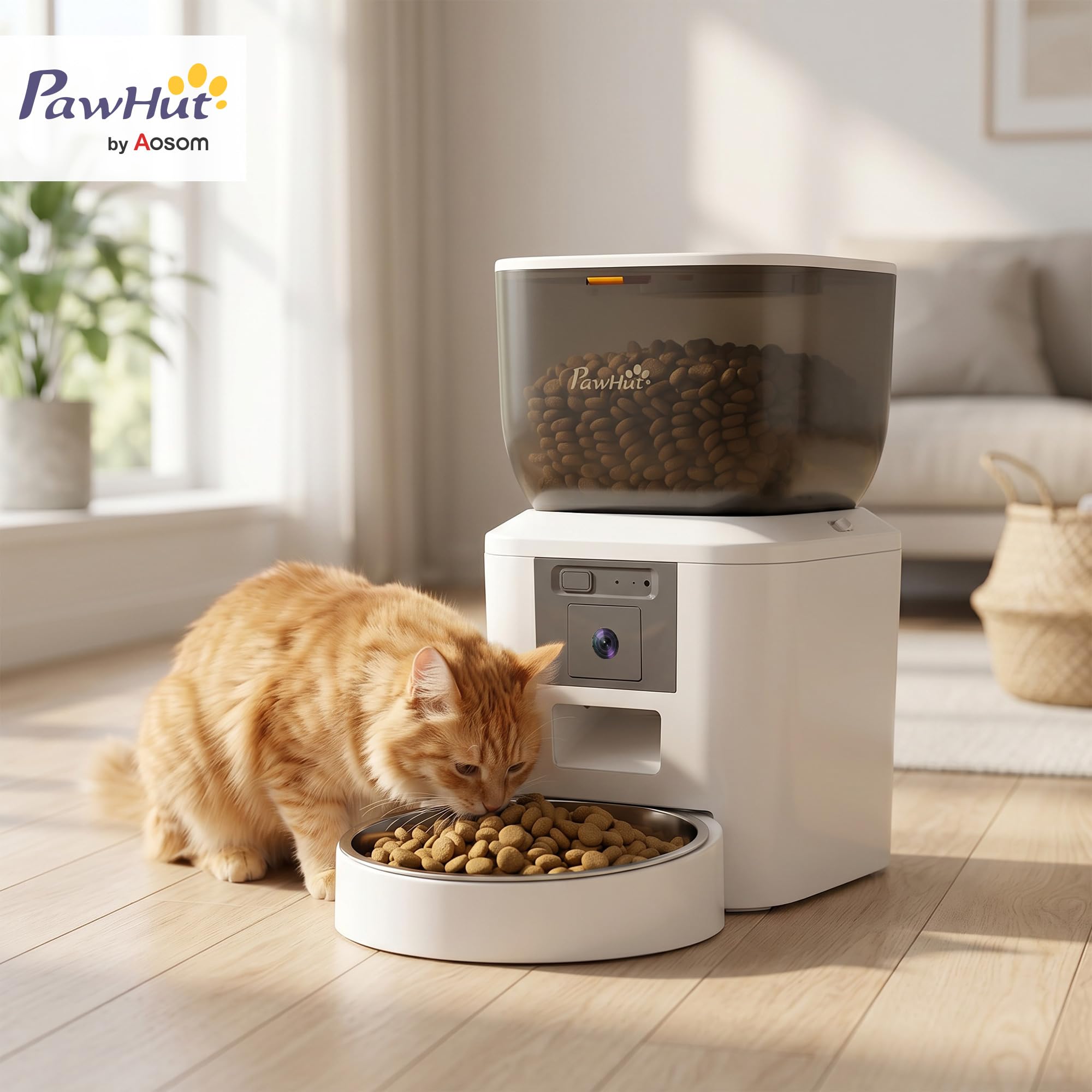 PawHut Comedero automático para gatos con cámara, WiFi de 2.4 G, control inteligente de aplicación, comedero para mascotas de 4 L, 1-10 comidas con audio de 2 vías, visión nocturna, antiobstrucción