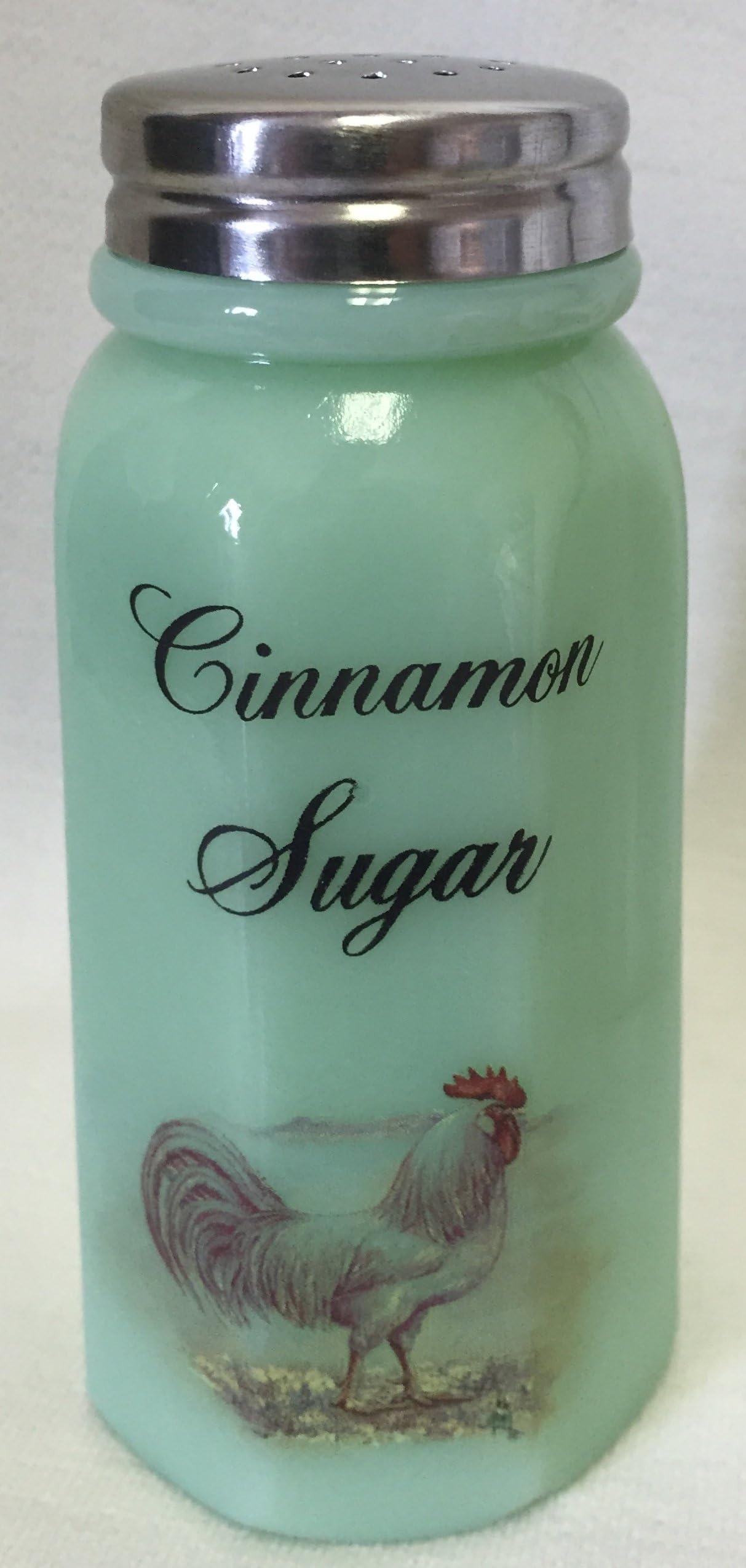 Sugar Shaker - Paneled - Rosso Exclusive - Jadeite w/Chickens - American Made - Mosser Glass USA (White Leghorn Chicken w/Cinnamon Sugar)