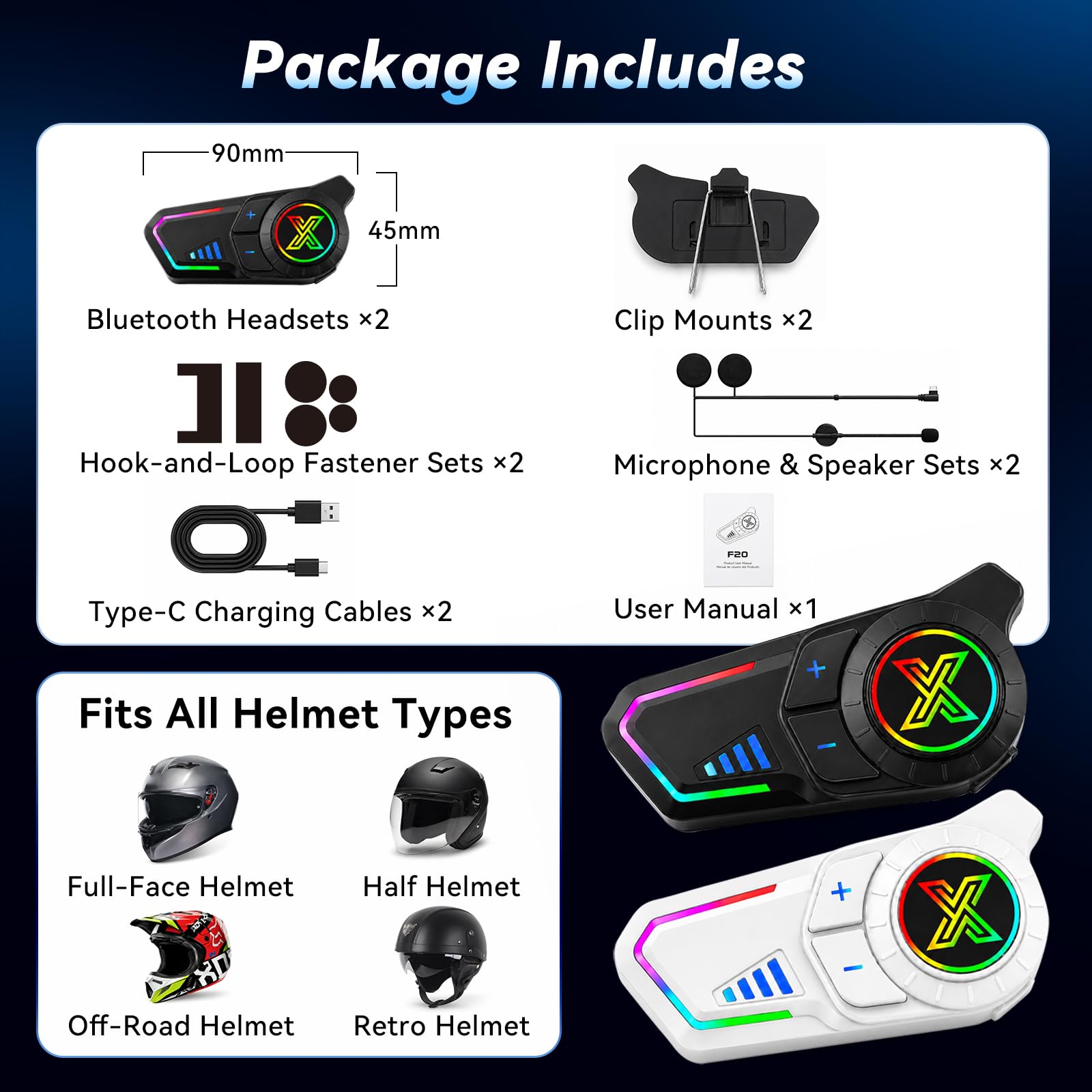 F20Pro - Cuffie per moto, intercom per 2 conducenti fino a 1000 m, Bluetooth 6.1, accoppiamento universale, condivisione musicale, cancellazione del rumore CVC e DSP, IP67, con vivavoce, 2 pezzi
