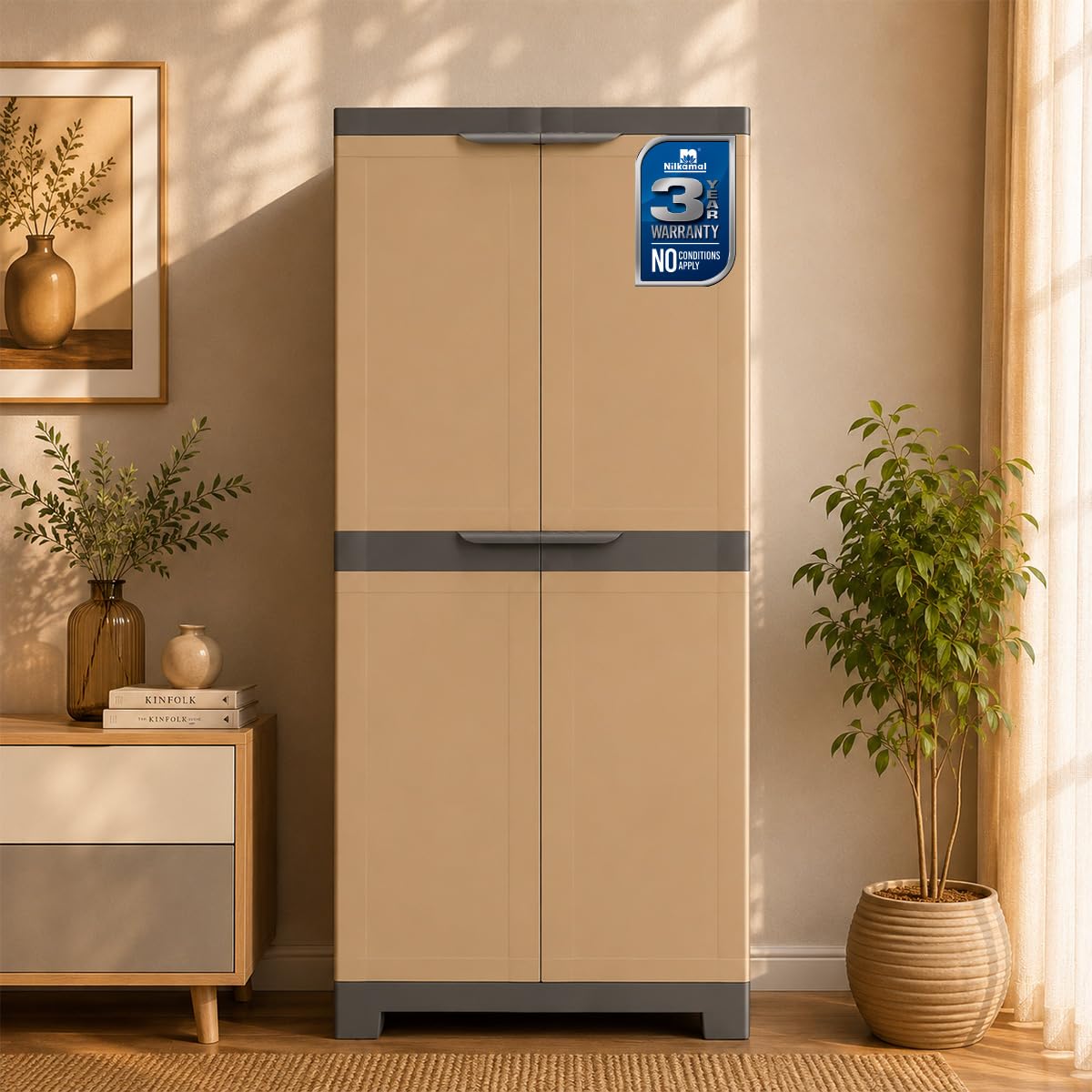 Nilkamal Freedom Big FMM Plastic Cabinet | 3-Year Warranty | 4-Shelf Storage Cupboard with Doors | Multi Organizer for Home, Wardrobe, and Kitchen | Clothes Rack, Shelves, Almirah (Sandy & Dark Brown)-image-22